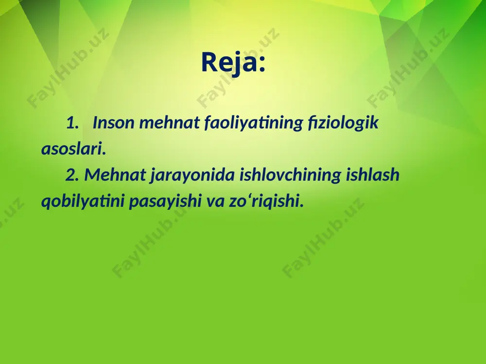 tish» turli holatlarda ishchining ishga bo‘lgan munosabati, uning tezlik bilan ish ko‘rishi, ishga mas’uliyat bilan yondashishi va boshqa holatlarga bog‘liq. f. konveyer mehnat turi. ushbu mehnat turining e’tiborli jihati – umumiy ish jarayonining alohida ish turlariga, ketma-ketlikda ish bajarilishiga konveyer tasmasi orqali biron-bir detalning har bir ish joyiga avtomatik tarzda yetkazib berilishini amalga oshiradi. bunday mehnat shakli ishchilardan bir maromda va berilgan ish sur’atida ishlashni talab qiladi. bunda ishchi boshqaradigan ish operatsiyasiga qancha kam vaqt sarflasa, uning mehnat unumdorligi shuncha yuqori bo‘ladi. monotoniya – bu konveyer mehnat shaklidan kelib chiqqan salbiy oqibatlardan biri bo‘lib, o‘z navbatida, tez-tez toliqishga va asabiylashishga olib keladi. buning oqibatida ish jarayonida orqaga ketish kuzatiladi, har kungi asabiylashishlarning qaytarilishi oqibatida parishonxotirlik, mehnat faoliyatining sekinlashishi yuzaga kelib, oqibatda ishchi ishlash qobiliyatining pasayishiga olib keladi. g. ishlab chiqarish jarayoni (texnologiyani) boshqarish bilan bog‘liq bo‘lgan mehnat shakli. inson avtomatlashgan mehnat jarayonida qancha kam ishtirok etsa, uning hissasi shuncha ko‘p …