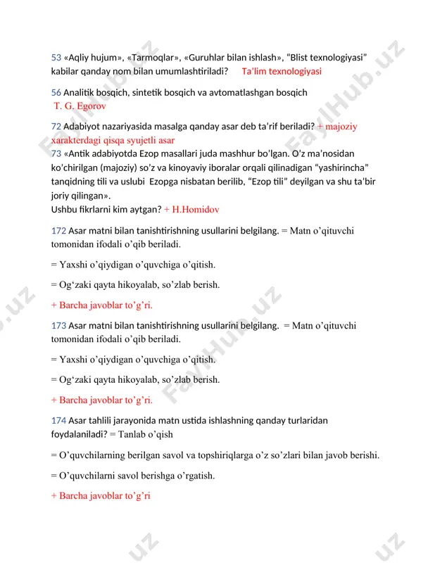 ’qib beriladi. = yaxshi o’qiydigan o’quvchiga o’qitish. = og‘zaki qayta hikoyalab, so’zlab berish. + barcha javoblar to’g’ri. 173 asar matni bilan tanishtirishning usullarini belgilang. = matn o’qituvchi tomonidan ifodali o’qib beriladi. = yaxshi o’qiydigan o’quvchiga o’qitish. = og‘zaki qayta hikoyalab, so’zlab berish. + barcha javoblar to’g’ri. 174 asar tahlili jarayonida matn ustida ishlashning qanday turlaridan foydalaniladi? = tanlab o’qish = o’quvchilarning berilgan savol va topshiriqlarga o’z so’zlari bilan javob berishi. = o’quvchilarni savol berishga o’rgatish. + barcha javoblar to’g’ri b 12. barmog’i bor-u tirnog’i yo’q. ushbu topishmoqning javobini toping? qo’lqop 14.bolalar dunyoni va o�z-o�zini bila borish bilan birga katta avlodlar yaratgan moddiy va ma’naviy boyliklar uchun o‘zining mas’ulligini oz-ozdan bila borishlari kеrak. bolaga yaxshilik va yomonlikni to‘gri ko‘rish imkonini bеrish kеrak. yaxshilik unda quvonch, zavq, hayajon, ma’naviy go‘zallikka ergashish ishtiyoqini hosil qiladi; yomonlik qahr-g�azab, murosasozlik uyg�otadi, haqiqat va adolat uchun kurashga chorlovchi ma�naviy kuchga to�ldiradi�.ushbu gaplar kim tomonidan aytilgan? v. …