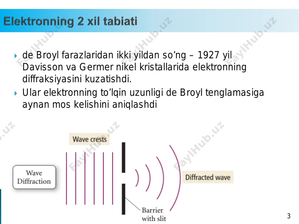 -2, -1, 0, +1, +2  ya’ni p orbitallar soni 5 ta 1 7  l=3 da ml=-3. -2, -1, 0, +1, +2, +3  ya’ni p orbitallar soni 7 ta 1 8  spin kvant soni elektronning o’z o’qi atrofida aylanish yo’nalishini ko’rsatadi.  uning qiymati +1/2 va -1/2 bo’lishi mumkin.  ayni orbitalda faqat qarama-qarshi spinga ega elektronlar joylashishi mumkin.  spin kvant soni elektronning xossasi hisoblanadi. 1 9  elektronning yadrodan r masofadagi bo’lish ehtimolini hisoblash uchun radial taqsimlanish funksiyasi p kiritilgan.  orbitalni tasvirlashda odatda uning chegaralari e’tiborga olinadi 2 0  vodorod atoming uchta s orbitali radial to’lqin funksiyalari.  nol qiymat soni n-1 tartibda ortib boradi. 2 1  atom elektron qavatlarining to’lib borish tartibi quyidagilarga asoslanadi:  to’lish qoidasi (aufbau qoidasi, klechkovskiy qoidasi, madelung qoidasi)  pauli prinsipi  xund qoidasi  to’lish qoidasi quyidagicha ► avval n+l yig’indisi kichik bo’lgan orbital to’ladi. …