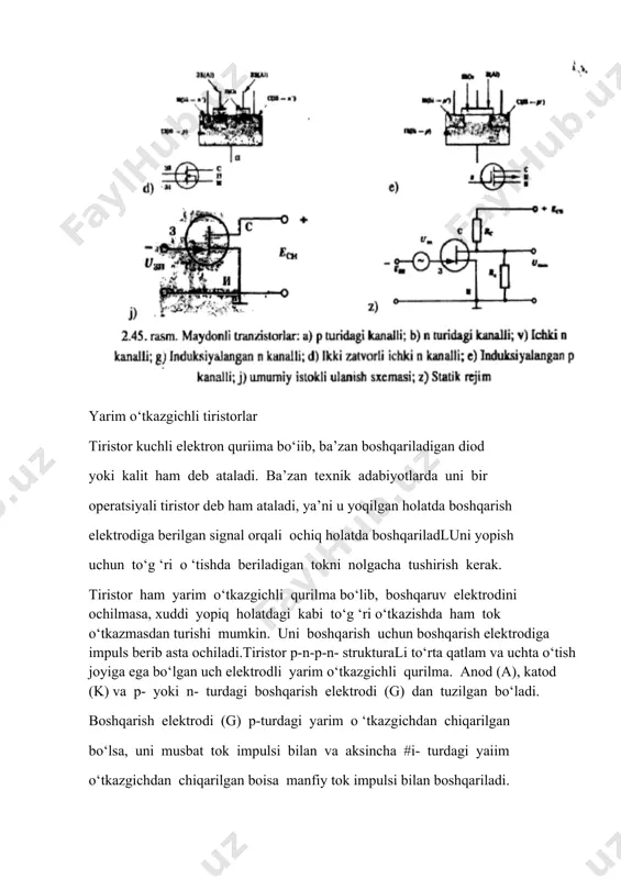 n- turdagi boshqarish elektrodi (g) dan tuzilgan bo‘ladi. boshqarish elektrodi (g) p-turdagi yarim o ‘tkazgichdan chiqarilgan bo‘lsa, uni musbat tok impulsi bilan va aksincha #i- turdagi yaiim o‘tkazgichdan chiqarilgan boisa manfiy tok impulsi bilan boshqariladi. 2.46- rasm. yarim o'tkazgichli tiristor. a) shartli belgilanishi; b) voltamper xarakteristikasi. tiristor teskari manishda xuddi diod kabi tok o'tkazmay, kuchlanishni ushlab turishi mumkin. to’rt qatlamli tiristor p-n-p-n- stmkturasi va uchta chiqishlari, anod (a), katod (k) va boshqarish elektrodi (g), 2.46,a - rasmda ko‘rsatilgan. ulab-uzuvchi diod. ulab-uzuvchi diod, yoki dinistor, p va n turdagi yarim o4tkazgichli materiallaming almashinib keluvchi to'rtta qatlamidan iborat (2.47-rasm). dinistor to‘g6ri yo‘nalishda siljitiisa qo4yilgan kuchlanish proboy sohasiga etguncha undan juda kichik tok oqadi (2.48-rasm). dinistomi proboy . kuchlanishidan kichik kuchlanishlarda uzilgan holatdagi kalit, katta kuchlanishlarda ulangan holatdagi kalit sifatidako4rish mumkin. bir amalli triod tiristor (scr). boshqariluvchi to4g4rilagich, yoki bir amalli triod tiristor ham to4rt qadamli p-n-p-n tuzilishga ega. ulab- uzuvchi dioddan farqli …