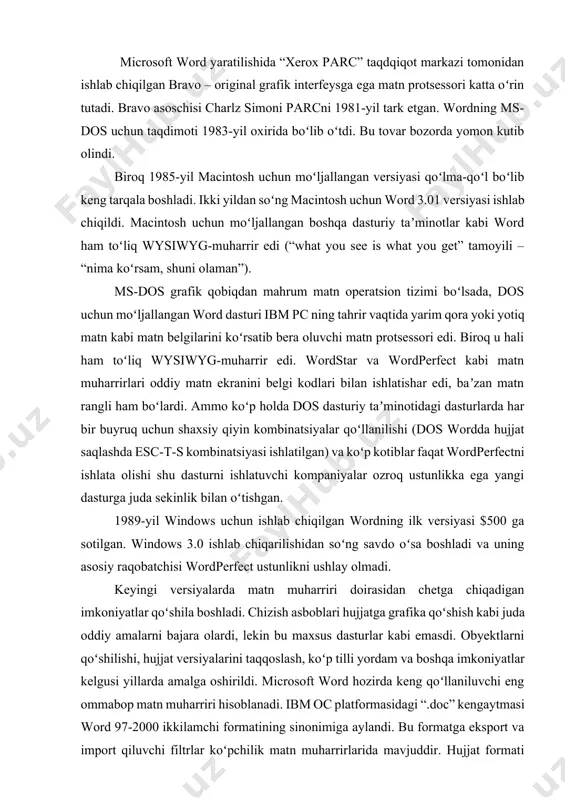 oʻng vba – visual basic qoʻllanilgan). biroq bu virus xavfini oshiradi. yaqqol misol melissa chuvalchanggi epidemiyasi boʻloladi. shu sababdan antivirus dasturiy taʼminotidan foydalanish ortiqchalik qilmaydi. microsoft word hujjatlarini zararlagan ilk virus 1994-yil dekabrda j. mak-namarning makroviruslar yaratish imkoniyatlarini namoyishiga moʻljallangan dmv boʻlgan. “yovvoyi tabiatga” tushgan va dunyodagi ilk makroviruslar epidemiyasini chaqirgan ilk virus esa concept hisoblanadi (1995-yil iyun-avgust). 2009-yil 12-avgustda texas shtati sudi microsoft patenti kanada i4i kompaniyasiga tegishli boʻlgan xml-fayllarni oʻqish uslubini noqonuniy foydalanishida ayblab, aqsh hududida word dasturlarini sotishni taqiqladi ms word soʻnggi yillarda oʻz imkoniyatlarini kengaytirdi. word 2003 versiyasidagi dastur asosiy ramzi word 2007 versiyasida qisman oʻzgartirildi. planshet, smartfon va boshqa qurilmalar uchun dastur sinxronlashtirildi. dastur tarkibiga yangi shriftlar, turli format usullari, har bir obyekt uchun alohida sozlamalar qoʻshildi, dasturning internet orqali yangilanishi va qayta aloqa qilish tizimi takomillashtirildi. mobil qurilmalar, planshetlar uchun word dasturini play market, appstory va boshqa internet doʻkonlardan yuklab olish mumkin. microsoft excel …