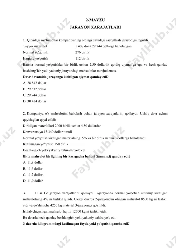 n mahsulotning 4% ni tashkil qiladi. oxirgi davrda 2-jarayondan olingan mahsulot 8500 kg ni tashkil etdi va qo'shimcha 4250 kg material 3-jarayonga qo'shildi. ishlab chiqarilgan mahsulot hajmi 12700 kg ni tashkil etdi. bu davrda hech qanday boshlangich yoki yakuniy zahira yo'q edi. 3-davrda kilogrammdagi kutilmagan foyda yoki yo'qotish qancha edi? a. 460 kg foyda. b. 460 kg yo'qotish c. 290 kg foyda d. 290 kg yo'qotish oxirgi davr uchun ishlab chiqarish jarayoni uchun quyidagi ma'lumotlar mavjud: materiallar 200 kg har bir kg uchun 6 dollardan mehnat va umumiy xarajatlar 3500 dollar tayyor mahsulotga o'tkazildi 190 kg normal yo'qotish kiritilgan materialning 15% ni tashkil qiladi va har bir kg uchun 1 dollar qoldiq qiymatiga ega.tugallanmagan boshlangich yoki yakuniy inventarlari yo'q. davr uchun tayyor mahsulot qiymati qancha ($ gacha yaxlitlang)? a. 4465 dollar b. 4670 dollar c. 5219 dollar. d. 5253 dollar odatda, jarayondan hech qanday yo'qotish kutilmaydi. har qanday kutilmagan yo'qotishlar …