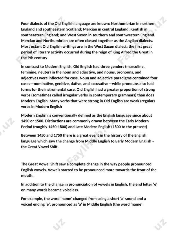 nd letter ‘e’ on many words became voiceless. for example, the word ‘name’ changed from using a short ‘a’ sound and a voiced ending ‘e’, pronounced as ‘a’ in middle english (the word ‘name’ pronounced as ‘namay’), to how we say it today with a long ‘a’ and a voiceless ‘e’ (‘name pronounced as ‘naym’). the great vowel shift saw a movement away from its old french-style pronunciation of vowels. the change in pronunciation can be seen even in the names of letters of the alphabet. for example, the letter ‘a’ is pronounced with a long ‘a’ sound in modern english (‘ay’), while in french it is pronounced with the short ‘a’ sound (‘ah’), as it was in english before the great vowel shift. during elizabethan times, shakespeare was highly influential in society due to his position as the official royal playwright. his hugely popular plays and sonnets used the …