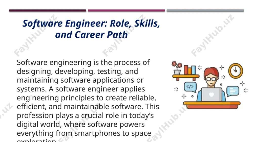 development life cycle (sdlc) the sdlc is a structured process for building software. the main phases include: planning: determining the scope and objectives. requirement analysis: gathering and documenting requirements. design: defining the system architecture and components. implementation: writing and compiling code. testing: verifying functionality and fixing bugs. deployment: releasing the product to users. maintenance: providing updates and support. conclusion software engineering is one of the most dynamic and rewarding careers of the 21st century. as technology continues to evolve, the role of software engineers will become even more essential. this profession offers the chance to solve real-world problems, innovate, and contribute to advancements that shape the future. “software is a great combination between artistry and engineering.” – bill gates image1.png image2.png image3.svg image4.png image5.svg image6.jpeg image7.jpeg .msftofcthm_accent4_fill_v2 { fill:#969fa7; } .msftofcthm_accent4_fill_v2 { fill:#969fa7; } /docprops/thumbnail.jpeg