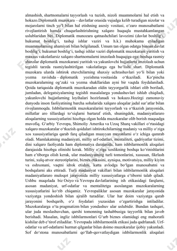vjud: pozitsiyalarga emas, manfaatlarga e’tibor qaratish, bir nechta variantni yaratish, ob’ektiv mezonlar bo‘yicha baholash va samarali muloqot o‘rnatish. bu uslub ko‘pincha ish joyidagi shartnomalar, sherikliklar yoki nizolarni hal qilishda qo‘llaniladi. quvvatga asoslangan muzokaralar, distributiv muzokaralar bilan o‘xshash tarzda, kuch va ta’sirdan foydalanishni o‘z ichiga oladi. bunda tomonlar o‘z pozitsiyasini mustahkamlash yoki ustunlikka erishish uchun majburlash choralaridan foydalanadilar. kuchga asoslangan muzokaralar, odatda, tomonlarning birining pozitsiyasi yoki unvoni boshqasiga kuchli ta’sir ko‘rsatishi mumkin bo‘lgan holatlarda qo‘llaniladi. jamoa muzokaralari bir nechta ishtirokchi o‘rtasida olib boriladigan muzokaralarni anglatadi. bu uslubda bir nechta a’zolar umumiy manfaatlarni ifodalab, boshqa tomonlar bilan muzokara olib boradilar. jamoa muzokaralari ko‘pincha yirik biznes bitimlari, mehnat muzokaralari yoki tashkilotlararo hamkorlikda qo‘llaniladi. hissiy muzokaralarda tomonlar o‘z his-tuyg‘ularini tan olish va tushunishga harakat qilishadi. bu uslubda muzokarachilar hikoyalar yoki shaxsiy anekdotlardan foydalanish orqali boshqa tomonning fikrini o‘zgartirish yoki qaror qabul qilish jarayoniga ta’sir ko‘rsatishadi. hissiy muzokaralar qaror qabul qilish jarayoniga sezgirlikni va his-tuyg‘ularni …