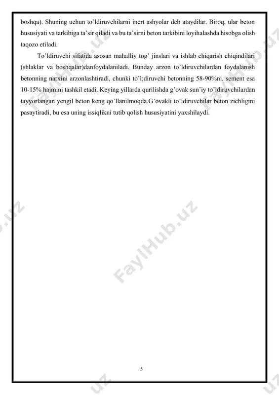 betonit loylari va qumoq tuproqlari ishlatiladi. kamporit sun’iy g’ovak to’ldiruvchining asosiy xom ashyosi dolomit va dolomitsimon oxaktosh chiqindilari 60% ni va darvoza konidagi betonit gili 40% ni tashkil etadi. ular aralashmasidan tarelkali donalagichlar yordamida donalar tayyorlanib, aylanma pechlarda 1180-12200c da 30-35 minut davomida kuydiriladi. so’ngra tayyor mahsulotlar bunkerga uzatiladi. og’ir to’ldiruvchilarni ishlatib samarali yengil to’ldiruvchilarga almashtirish natijasida betonning hususiyatlarini kerakli darajada o’zgartirish, zichligini kamaytirish, issiqlik o’tkazuvchanligi va boshqalarni yaxshilash mumkin. shuningdek ayrim g’ovak to’ldiruvchilarning yetarli mustahkamligi asosida yuqori mustahkamlikdagi konstruksion yengil betonlar tayyorlanadi. respublikamizda tabiiy g’ovak to’ldiruvchilar zahirasi chegaralanganligi sababli sun’iy g’ovak to’ldiruvchilar olishga ehtiyoj seziladi. shu sababli o’zbekistonning turli rayonlarida sun’iy g’ovak to’ldiruvchilar (keramzit, agloporit va boshqa) ishlab chiqaruvchi korxonalar qurilgan. sun’iy g’ovak to’ldiruvchilarni ishlab chiqarish korxonalari kimyo (mahalliy homashyodan foydalanish) bor joylarda va unga talab bo’lgan rayonlarda quriladi. sun’iy g’ovak to’ldiruvchilarning tannarxi tabiiy to’ldiruvchilarga nisbatan yuqori, lekin chetdan keltiriladigan to’ldiruvchilarga nisbatan arzonroqdir. sun’iy g’ovak to’ldiruvchilarning yuqori sifati va …