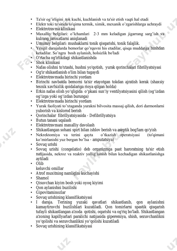 r • ishqorlar • og'ir metal tuzlari • fosfor • ximiyaviy vositalarning ta'siri • kislota va og’ir metal tuzlari teridan suvni surib oladi va oqsillarni koagulyatsiya qiladi. natijada koagulyatsion nekroz paydo bo'ladi. po’stloq hosil bo’lishi tezlashadi • ishqorlar to'qimadan suvni surib olishi va oqsillarni parchalashi bilan kollikvatsion nekroz keltirib chiqaradi. natijada ko’p miqdorda toksik mahsulotlar xosil bo'ladi va intoksikatsiya rivojlanadi • fosfor va porox bilan kuyish • kuyish jaroxatlari chuqurlashadi, chunki teriga tushishi bilan yonishi davom etadi • chuqur kuyishlar va nekrozlar • 2-3 sutkadan keyin og’ir intoksikatsiya rivojlanadi. sariqlik va anuriya bilan birgalikda o’tkir jigar-buyrak yetishmovchiligi kelib chiqishi mumkin • ximiyaviy kuyishlarda birinchi yordam • 5-10 minut davomida suv bilan yuvish • 2% natriy bikorbonat aralashmasi bilan kislota ta'sir etgan joyga ishlov berish • ishqorlar bilan kuyganda 1-2% uksus, limon kislotalari bilan ishlov berish • fosfor bilan kuyganda 5% mis kuporosi, 0,1-0,2% kaliy permanganat aralashmasi bilan ishlov berish • …