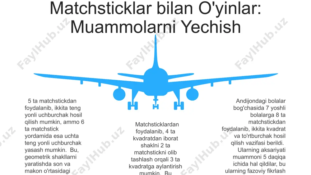 yoqchani kvadrat shaklida joylashtirish mumkin. bu samarqanddagi maktab o'quvchilarining mashhur topshirig'idir. 03 beshta teng tomonli uchburchakdan iborat yulduzni hosil qilish uchun 15 ta tayoqcha kerak bo'ladi. agar siz 2 ta uchburchakni olib tashlasangiz, qolgan 3 ta uchburchakdan 1 ta kichikroq yulduz hosil qilish uchun 9 ta tayoqcha qoladi. oddiy shakl bulish: kvadrat va to'rtburchak farg'ona viloyatida 16 ta gugurt tayoqchasidan foydalanib, 5 ta teng kvadrat va bitta katta to'rtburchakdan iborat murakkab shakl yaratish mumkin, bu esa geometrik muammolarni hal qilishdagi mantiqiy fikrlashni rivojlantiradi. 8 ta gugurt tayoqchasidan foydalanib, samarqanddagi bir kvadrat va to'rtburchak shakllarini hosil qilish mumkin, bu esa geometrik shakllarni yaratishda sonlar va makon munosabatlarini tushunishga yordam beradi. 12 ta gugurt tayoqchasi yordamida toshkentda ikkita teng kvadrat va bitta to'rtburchak hosil qilish mumkin, bu esa maydon va perimetr tushunchalarini amaliy ravishda o'rganish imkonini beradi. s w o t swot e'tiboringiz uchun rahmat @taqdimot_robot image1.jpeg image2.jpeg image3.jpeg image4.jpeg