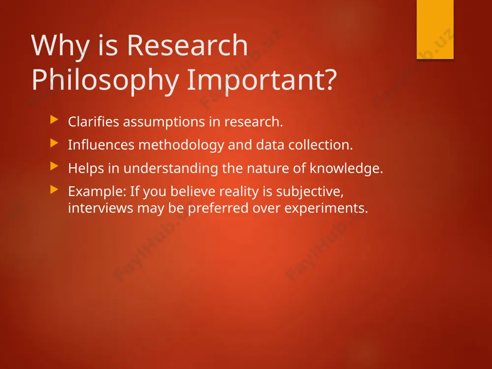 inherently better than another. example: both a survey (positivist) and interview (interpretivist) can reveal valuable insights about customer satisfaction. practical tips for applying research philosophy stay open-minded. be clear about your philosophical stance in your research paper. reflect on how assumptions impact results. example: if using interviews, acknowledge that responses may be influenced by social context. conclusion research philosophy shapes the entire research process. understanding ontology, epistemology, and axiology is key. choose a philosophy that aligns with your goals and research questions. thank you! /docprops/thumbnail.jpeg