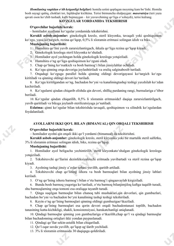 ishda olingan jami a’lumotlarga qarab bilib olinadi. bolaning bo‘yi, vazni va homilaning ona qornida qancha yashaganini ko‘rsatib beradigan boshqa belgilarni aniqlash muhim ahamiyatga ega. oy kuni yetmasdan tug‘ish umumiy tug‘ruqning 5–6% ni tashkil qiladi.muddatidan oldin tug‘ishning sabablari xilma-xildir. ular ona organizmi, homila holati hamda yo‘ldoshning patologik xususiyatlariga bog‘liq. sabablar orasida homilador ayol kasalliklari alohida o‘rin tutadi. bunga yuqumli kasalliklar (griðp, virusli gepatit, toksoplazmoz va boshqalar), yurak va qon tomir tizimi kasalliklari, buyrak kasalliklari, ichki sekretsiya bezlar patologiyasi, kamqonlik va boshqalar, jinsiy a’zolar yallig‘lanishi, infantilizm, bachadon bo‘ynidagi nuqsonlar (yetishmovchiligi) kirishi mumkin. bundan tashqari shuni ham ta’kidlab o‘tish kerakki, bizning mintaqa sharoitimizda chala tug‘ishning asosiy sabablaridan biri, homiladorlik gestozlaridir. zaxm kasalligi, oits (spid) ham chala tug‘ishga sabab bo‘lishi mumkin. shuningdek homila qonining rezus-faktor, abo jihatidan bir-biriga mos kelmasligi chala tug‘ishga olib kelishi mumkin. oy kuni yetmasdan tug‘ish sabablarining yana bir katta guruhi homila va yo‘ldosh xususiyatlari bilan bog‘liq. unga quyidagilar kiradi: homilaning …