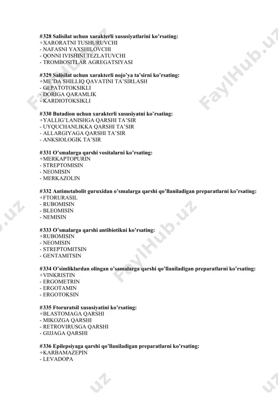 s xususiyatni ko’rsaating: + parkinsionizmda qabul qilinadi - markaziy xolinomimetik tasir - periferik xolinomimetik tasir - dofamin manbai # 347 antipsixotik(neyroleptik) preparatni ko’rsating: + aminazin - diazepam - amizil - amitriptilin # 348 fenotiazin unumi bo’lgan-tipik antipsixotik(neroleptik)moddani ko'rsating : + triftazin - sulpirid - klozapin - diazepam # 349 tioksanten unumi bo’lgan-tipik antipsixotik(neroleptik)moddani ko'rsating : + xlorprotiksen - aminazin - galoperidol - klozapin # 350 butirofenon unumi bo’lgan-tipik antipsixotik(neroleptik)moddani ko'rsating: + galoperidol - sulpirid - klozapin - aminazin # 351 atipik antipsixotik (neyroleptik) vositani ko’rsating: + sulpirid - aminazin - triftazin - xlorprotiksen # 352 antipsixotik vositalar(neyroleptikov)ni tasir mexanizmi komponentini ko’rsating : + dofamin retseptorlarini susaytiradi - dofamin retseptorlarini stimulyatsiyasi - nerv impulse o’tishini stimulyatsiyasi - bosh miya po’stlog’ini stimulyatsiyasi # 353 aminazinga xos xysusiyatni ko’rsating: + antipsixotik va sedativ - qustiruvchi - gipertenziv - gipertermik # 354 fenotiazin xosilalarining nojo’ya ta’sirini ko’rsating + ekstrapiramidal buzilishlar - gipertoniya - lekotsitoz …