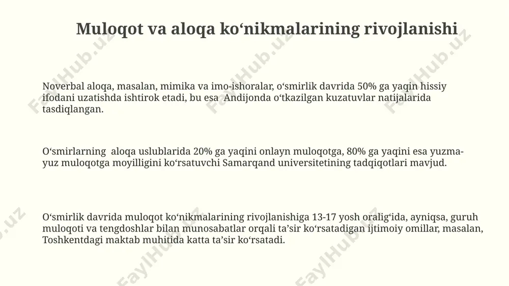shlar guruhi muhim rol o‘ynaydi, chunki taxminan 70% o‘smirlar o‘zlarining qarashlarini va xatti-harakatlarini shu guruhning ta’siriga moslashtiradi, bu esa, ayniqsa, toshkent kabi yirik shaharlarda yaqqol ko‘rinadi. o‘smirlik davrida shaxsiyatning shakllanishiga 13-17 yosh oralig‘ida gormonal o‘zgarishlar kuchli ta’sir ko‘rsatib, hissiy jihatdan beqarorlik va o‘z-o‘zini qidirish davrini keltirib chiqaradi, bu esa o‘z navbatida o‘zbekistonlik o‘smirlarning psixologik rivojlanishiga sezilarli ta’sir qiladi. o‘smirlik davrida shaxsiyatning mustaqillikka intilishi kuchayib, 20% ga yaqin o‘smirlar oilaviy munosabatlaridan qoniqmaganlikni bildiradi, bu esa o‘ziga xos qiyinchiliklar va moslashuv muammolariga olib kelishi mumkin, shu sababli, samarqanddagi o‘smirlar uchun psixologik yordam markazlarining ahamiyati ortadi. intellektual rivojlanish 14-18 ёш ўртасидаги ўсмирларнинг интеллектуал ривожланишида абстракт фикрлаш ва муаммоларни ечиш қобилиятининг кескин ошиши кузатилади, бу эса математика, фан ва адабиёт каби соҳалардаги ютуқларига ижобий таъсир кўрсатади. ўсмирлик даврида миянинг префронтал қисмининг ривожланиши, режа тузиш, мураккаб вазифаларни бажариш ва импульсив хатти-харакатларни назорат қилиш каби юқори тартибли когнитив функцияларнинг такомиллашувига олиб келади, бу эса лондон сингари …