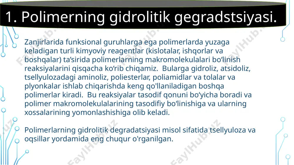 polimerizatsiya turiga qarab davom etadi. kislotali muhitda samaraliroq davom etadigan poliamidlarning gidrolizlanishi jarayonida makromolekulalar yorilishi joylarida karboksil va amin guruhlari hosil bo'ladi. bunda kristallanish reagentlarning makromolekulalarning funksional guruhlariga tarqalishining sekinlashishi hisobiga gidroliz tezligining pasayishiga ham yordam beradi. poli-e-kaprolaktam va poliheksametilen adipamid eritmalarining ichki yopishqoqligi gidroliz vaqti bilan chiziqli ravishda kamayadi. 2. yuq qilish reaktsiyalari. yo'q qilish reaktsiyalari - bu asosiy molekulyar zanjirning aloqalarini buzish bilan davom etadigan va polimerning kimyoviy tarkibini o'zgartirmasdan molekulyar og'irligining pasayishiga olib keladigan reaktsiyalar.destruktsiya makromolekulyar birikmalar (hmc) kimyosida juda muhim reaktsiya hisoblanadi. u iudning tuzilishini aniqlash, shuningdek, tabiiy polimerlardan, masalan, tsellyuloza va kraxmaldan glyukozadan qimmatli past molekulyar og'irlikdagi moddalarni olish uchun ishlatiladi. bazan halokatga odatlangan polimerlarni qayta ishlashni osonlashtirish uchun ularning molekulyar og'irligini qisman kamaytirish. o'zgartirilgan polimerlarni sintez qilish uchun polimerlarning makromolekulalari bo'linish jarayonlari, erkin makroradikallarning hosil bo'lishi bilan davom etadi. polimerlarni yo'q qilish kimyoviy moddalar (suv, kislotalar, spirtlar, kislorod) yoki jismoniy ta'sirlar (issiqlik, yorug'lik, ionlashtiruvchi …