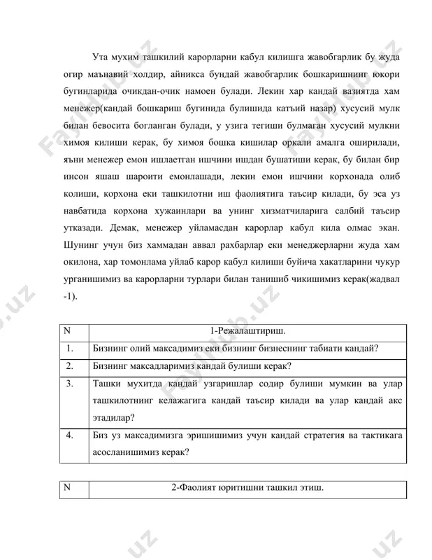 аетган менежердан карорларни тугри кабул килиш фарки билан оширилади. проф. минцберг узининг таълимотида куйдагиларни асослаб берди, яъни шахслар орасидаги муносабатларни белгилаш ахборотларни алмаштириш ва кабул килишда хар бир рахбарнинг тутган урни катта ахамиятга эгадир. айникса карорларни кабул килишда минцберг рахбарлар учун хос булган 4 та хусусиятни белгилаб беради : -тадбиркорли; -ишдаги ноконунларни тузатувчи мутахассис; -ресурсларни таксимловчи; -битимларни таъминлашга эришувчи мутахссис(специалист по достижению соглашений). менежернинг иш фаолияти асосан бошкариш вазият(уровня) га купрок боглик булади, шу сабабли хар-хил корхонада, хар-хил вазиятда карорлар хар-хил кабул килиниши мумкин. мана шундай тез-тез узгарувчанликда карорларни тугри кабул килиниши катта ахамиятга эга . юкорида айтилгандек, карор-бу альтернативларни танлашдир,яъни бир канча савллар жавоб топиш демакдир. хозирги ута мураккаб,жуда тез узгариб турадиган ташкил килишлар дунёсида жуда купальтернативлар менежернинг ихтиёридадир, ишнинг учун хам гурух одамларнинг максадини шакиллантириши, унча эришиш йулларини излаш учун хам жуда куп саволларга жавоб топиш максадга мувофикдирю. хар бир бошкариш функциясини бир канча умумий ,хаётий зарур карорлар …