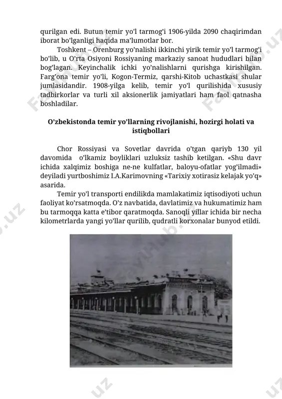 asi yangiliklardan yana biri vagon ta’mirlash zavodining ishga tushishidir. ilgari bu zavod о’rnida vagonlarni depo darajasida ta’mirlaydigan korxona bо’lar edi. 1996-yil о’zbekiston hukumati bilan yaponiyaning tashqi iqtisodiy hamkorlik jamg’armasi о’rtasida kredit bitimi imzolandi. zavodda ishchilar soni 1280 ta bо’lib yiliga 450 tagacha vagonni yalpi ta’mirlashga qurbi yetadi. alohida ta’kidlash lozim bо’lgan yana bir muhim gap shuki, ilgari vagonlarimiz 50-70 ming aqsh dollari evaziga rossiyada ta’mirlanar edi. endi esa katta miqdordagi valyuta ham tejalmoqda. rasm 2.7 yangi vagon ta’mirlash zavodi rasm 2.8 traseka transport yо’lagi yana muhim yangiliklardan biri traseka dasturining loyihalanishidir. shuning uchun xx asrning 90-yillari bryusselda о’tkazilgan halqaro konferetsiyada transport yо’lagini tuzish dasturi qabul qilindi. transport yо’lagi yevropadan, ya’ni /arbdan – sharqqa qora dengizni kesib о’tib, sо’ng kavkaz va kaspiy orqali markaziy osiyoga, undan sо’ng xitoyga qadar davom etadi va bu dastur traseka nomini oldi. loyiha davlatlararo mahsulot ayriboshlash hajmini oshirib davlat iqtisodini rivojlantirishga katta hissa qо’shadi. temir yо’l …