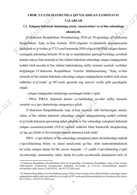 di. pisa dasturi taʼlim sohasidagi davlat siyosatiga taʼsir ko‘rsatib, har bir davlat o‘tkazgan tadqiqot natijalari asosida o‘zining taʼlim sohasidagi yutuq va kamchiliklarini aniqlab, boshqa davlatlarga nisbatan mavqyeini taqqoslaydi. taʼlim tizimini takomillashtirish va rivojlantirishda o‘z strategiyasini belgilab oladi. pirls (progress in international reading and literacy study) boshlang‟ich sinf o‘quvchilarining matnni o‘qib tushunish darajasini baholash bo‘yicha xalqaro tadqiqot dasturidir. pirls - tadqiqotida 50 dan ortiq davlatlar ishtirok yetib kelmoqda. mazkur xalqaro tadqiqotning maqsadi turli xil taʼlim tizimidan iborat bo‘lgan davlatlardagi boshlang‘ich maktab o‘quvchilarining matnni o‘qish va qabul qilish bo‘yicha tayyorgarligi hamda o‘quvchilarning har xil yutuqlarga yerishishga sabab bo‘luvchi taʼlim tizimidagi o‘ziga xos xususiyatlarni aniqlash va baholashdan iborat. pirls dasturi 2001-yilda taʼlim sohasidagi yutuqlarni baholash xalqaro assotsiatsiyasi tomonidan tashkil etilgan. har besh yilda o‘tkaziladigan pirls dasturi 4-sinf o‘quvchilarining o‘qish savodxonligini xalqaro darajada baholaydi. o‘qish savodxonligi o‘quvchilarning ilmiy va shaxsiy muvaffaqiyatini o‘sishi uchun asos bo‘lib xizmat qiladi. so‘nggi yillarda mamlakatimizda amalga oshirilayotgan islohotlar natijasida …