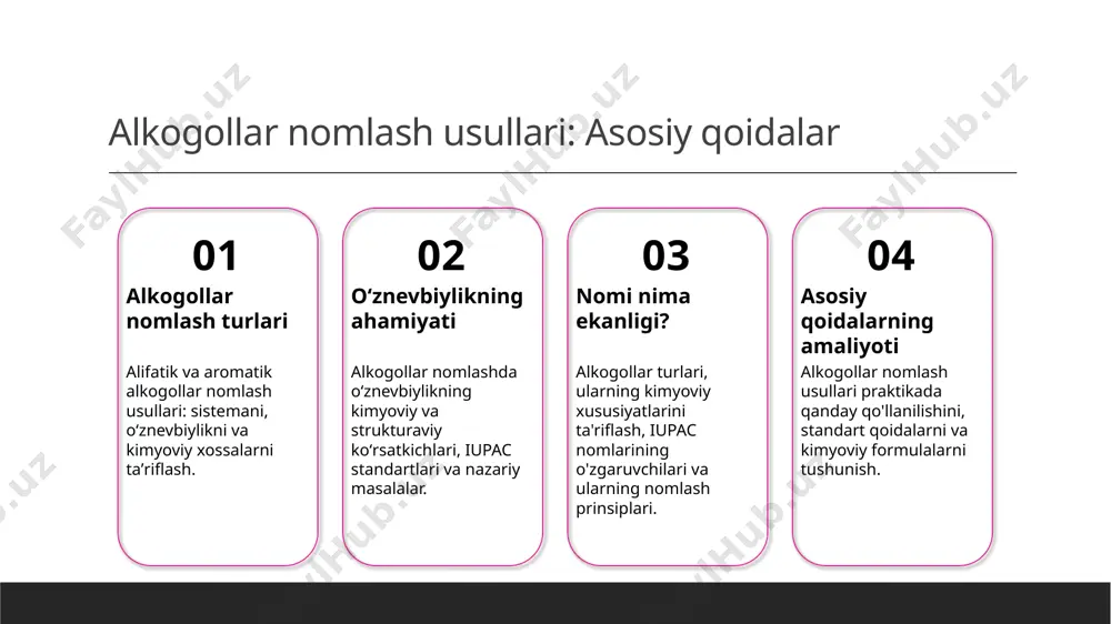 arda muhim ahamiyatga ega boʻladi. ular oʻzaro ta'sirlashish va kimyoviy sintezlarni amalga oshirishda ishlatiladi. ikkinchi darajali alkogollar va ularning tuzilishi ikkinchi darajali alkogollar, birikmasi orqali birinchi darajali alkokolning tuzilishi bilan farq qiladi. bu qarashda, ikkinchi darajali alkogollar tuzilishi o'zaro bog'liqlikni ko'rsatadi. ularning kimyoviy xossalari va reaktsiyalari muhimdir. photo by logan weaver | @lgnwvr on unsplash uchinchi darajali alkogollar va ularning reaksiyalari uchinchi daraja alkogollari uchinchi darajali alkogollar birinchi va ikkinchi darajali alkogollar bilan o'rtasidagi reaksiyalarni o'rganishda muhim ahamiyatga ega. oksidlash reaksiyasi uchinchi darajali alkogollar oksidlash reaksiyalari orqali keton va ketonlarga o'zgarish paydo etadi. bu jarayon kimyoviy sintezda katta rol o'ynaydi. esterlashtirish jarayoni uchinchi darajali alkogollar esterlar bilan o'zaro reaksiya qilishadi. bu reaksiya o'rganishda kimyoviy yog'ning mohiyati va ahamiyati ko'rsatiladi. alkogollar nomlash usullarini tushunishning ahamiyati tushunishning ahamiyati kimyoviy bog'lanishlar reaksiyalarni tushunish alkogollar nomlash usullarini tushunish, kimyoviy tuzilishlarni analiz qilish va reaksiyalarni tasavvur qilishda ahamiyatli ma'lumotlar ta'lim oladi. alkogollar nomlash usullari, kimyoviy …