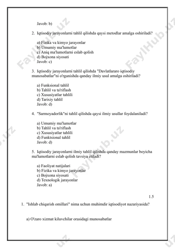 bo'lgan olingan xom ashyo c) narxlar va inflatsiya d) iqtisodiy faoliyatning qoidalari va tartiboti javob: b) 2. "ishlab chiqarish jarayonining pirovard natijalari" qanday tavsiflanadi? a) ishlab chiqarish jarayonining barcha bosqichlari b) tijorat omillari va moliya tizimi c) davlat moliyasining ishlatilishi d) ishchi kuchini oshirish javob: a) 3. pirovard natijalar qaysi sohaga ko'ra hosil bo'lishi mumkin? a) tabiat resurslarini sifatli ishlash b) sarmoyadorlik va innovatsiyalar c) ishlab chiqarish uchun kerakli resurslarni taqsimlash d) narxlar va inflatsiya javob: b) 4. ishlab chiqarishning umumiy natijalari ichida qanday o'rnatiladi? a) asosiy omillar b) kichik omillar c) bojxona siyosati va inflatsiya d) mahsulotni sotishga oid barcha amaliyotlar javob: d) 5. pirovard natijalar qanday hosil bo'lishi mumkin? a) tabiat resurslarini sifatli ishlash b) narxlar va inflatsiya c) davlat moliyasining ishlatilishi d) sarmoyadorlik va innovatsiyalar javob: a) 2.3 1. "ishlab chiqarish imkoniyatlari" nima uchun muhimdir iqtisodiyot nazariyasida? a) tabiat resurslarini sifatli ishlash b) sarmoyadorlik va innovatsiyalar c) …