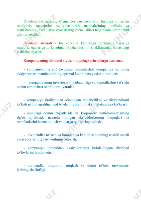 i orqali aksiyadorlarning farovonligini oshirish; · kompaniya tomonidan aksiyadorlarga kafolatlangan dividend toʻlovlarini taqdim etish; · dividendlar miqdorini aniqlash va ularni toʻlash mexanizm- larining shaffofligi. korxonalarning dividend siyosatini ishlab chiqish amaliyoti quyidagi asosiy dividend nazariyalariga asoslanadi: · dividendlarning taqqoslanmaganligi; · dividend siyosatining muhimligi; · soliqni farqlash; · dividendlarni signalizatsiya qilish; · mijozlar. dividendlarni taqqoslamaslik nazariyasi firmaning qiymati faqat uning aktivlari rentabelligi va investitsiya siyosati bilan belgilanadi va daromadni dividendlar va qayta investitsiya qilingan daromadlar oʻrtasidagi taqsimot ulushi umumiy boylikka ta’sir qilmaydi degan fikrga asoslanadi. nazariya mualliflari f. modilyani va m. miller oʻz taxminlarini quyidagi asoslarga asoslaydilar: · barcha sarmoyadorlar uchun ma’lumotlarning erkin va teng ravishda mavjudligini, tranzaksion xarajatlarning yoʻqligini (aksiya- larni chiqarish va joylashtirish xarajatlari), aksiyadorlarning xatti- harakatlarining ratsionalligini nazarda tutadigan faqat mukammal kapital bozorlari; · aksiyalarning yangi chiqarilishi bozorga toʻliq joylashtirildi; · soliqlar yoʻq; · dividendlar va kapitaldan olinadigan foyda investorlari uchun tenglik. dividendlarni passiv qoldiq sifatida koʻrib, uning hajmi …