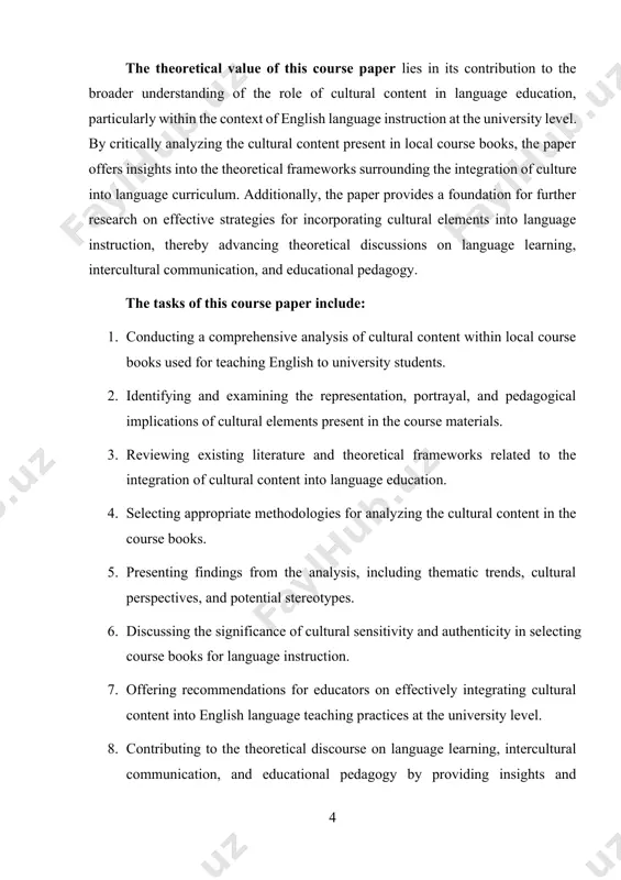 s to explore the significance, challenges, approaches, and pedagogical implications of integrating cultural content into english language teaching, highlighting its multifaceted nature and its transformative potential in language education. one of the primary aims of integrating cultural content into english language teaching is to provide learners with authentic and meaningful language experiences that reflect the cultural contexts in which english is used as a medium of communication. by exposing learners to diverse cultural perspectives, practices, and discourses, educators can facilitate a deeper understanding of the cultural dimensions of language and enhance learners' communicative competence in real-world settings. moreover, incorporating cultural content into elt fosters cultural awareness, empathy, and appreciation, thereby promoting intercultural understanding and tolerance among learners from different cultural backgrounds. however, the integration of cultural content into english language teaching is not without its challenges. one of the key challenges is the diverse and dynamic nature of culture, which …