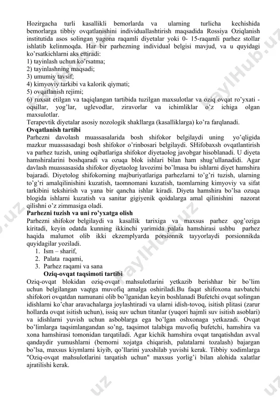 ulotlarning tarkibida bo’lishi shart. "vitamin" atamasi polsha biokimyogari kazimer funk (1912) tomonidan tavsiya etilgan: yunoncha vita - hayot + lotincha amin–oqsil (kazimir funk, organism uchun zarur bo’lgan barcha moddalaroqsilgao’xshash va ularning tarkibida amino guruhlarni o’z ichiga olgan deb hisoblagan). umuman olganda, vitaminlar o’simliklar va mikroorganizmlar tomonidan sintezlanadi. ushbu moddalar tananing barcha metabolik jarayonlarida ishtirok etadi; ular yurak-qon tomir va onkologik kasalliklarning oldini olishda katta rol o’ynaydi. mineral moddalar, to’qimalar qurilishida ishtirok etuvchi, qon elektrolitlar tarkibini tartibga soluvchi, muhim xayotiy jarayonlarga (hazm, immunitet, gematopoyez, gemokoagulatsiya va boshqalarga) ta’sir etadi. birinchi marta rus olimi vladimir vernadsky (1863-1945) tanani mavjud kimyoviy elementlarnimakrooziqaviy moddalar, mikroyelementlar va ultramikro-elementlarga bo’lib o’rgandi. uning klassifikasiyasiga ko’ra makroyelementlar (yunoncha masros -katta) kaltsiy, fosfor, magniy, kaliy, natriy, xlor, oltingugurtni o’z ichiga oladi (ularning miqdori tanada organizmning kimyoviy tarkibini 0,1% ini tashkil qiladi). mikroelementlarga esa (yunoncha misros - kichik) - xrom, kremniy, oltin, radiy, uran va boshqa - boshqalar temir, yod, …