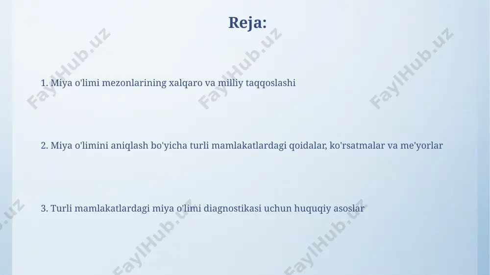 g to‘liq yo‘qolishi va sun'iy nafas olish moslamasiga bo‘lgan mutlaq bog‘liqlik, frantsiyada miya o‘limi aniqlashda qo‘llaniladigan asosiy klinik mezonlardan biri hisoblanadi. frantsiyada miya o‘limi diagnostikasi ikki tajribali neyrolog tomonidan tasdiqlangan ikkita elektroensefalografiya (eeg) natijalariga asoslanadi, har bir tekshiruv o‘rtasida kamida 6 soatlik vaqt oralig‘i bo‘lishi kerak. avstraliyadagi miya o'limi mezonlari miya o‘limi diagnostikasi ikki malakali shifokor tomonidan tasdiqlangan bo‘lishi kerak va bu jarayon standartlashtirilgan protokollarga muvofiq amalga oshiriladi. avstraliyada miya o‘limini aniqlash uchun ikkita asosiy klinik tekshiruvdan – miya sopi reflekslarining yo‘qligi va apneya testidan o‘tkazish talab etiladi. hindistondagi miya o'limi mezonlari miya o‘limi tashxisi qo‘yish uchun ikki malakali shifokor tomonidan mustaqil ravishda tasdiqlanishi shart bo‘lib, bu jarayon maxsus qaydnomalar bilan rasmiylashtiriladi. hindistonda miya o‘limini aniqlash uchun ikkita asosiy test, elektroensefalografiya (eeg) va miya sopisining o‘likligini tekshirish qo‘llaniladi, bu jarayon kamida 6 soat davom etadi. rossiyadagi miya o'limi mezonlari miya sopi reflekslarining yo'qligi, shu jumladan pupillar reaktsiyasi va korneal reflekslarning …