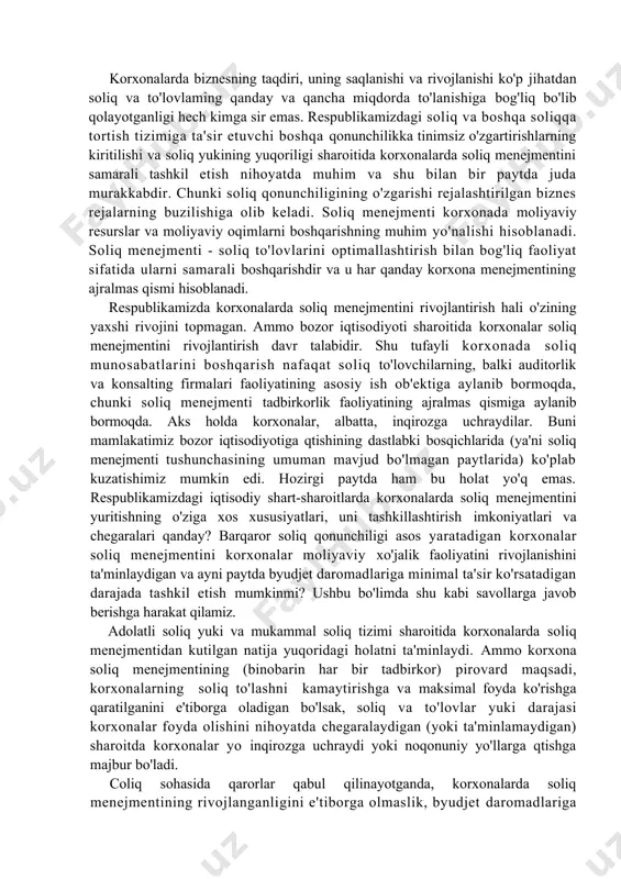 ng o'ziga xos xususiyatlari, uni tashkillashtirish imkoniyatlari va chegaralari qanday? barqaror soliq qonunchiligi asos yaratadigan korxonalar soliq menejmentini korxonalar moliyaviy xo'jalik faoliyatini rivojlanishini ta'minlaydigan va ayni paytda byudjet daromadlariga minimal ta'sir ko'rsatadigan darajada tashkil etish mumkinmi? ushbu bo'limda shu kabi savollarga javob berishga harakat qilamiz. adolatli soliq yuki va mukammal soliq tizimi sharoitida korxonalarda soliq menejmentidan kutilgan natija yuqoridagi holatni ta'minlaydi. ammo korxona soliq menejmentining (binobarin har bir tadbirkor) pirovard maqsadi, korxonalarning soliq to'lashni kamaytirishga va maksimal foyda ko'rishga qaratilganini e'tiborga oladigan bo'lsak, soliq va to'lovlar yuki darajasi korxonalar foyda olishini nihoyatda chegaralaydigan (yoki ta'minlamaydigan) sharoitda korxonalar yo inqirozga uchraydi yoki noqonuniy yo'llarga qtishga majbur bo'ladi. coliq sohasida qarorlar qabul qilinayotganda, korxonalarda soliq menejmentining rivojlanganligini e'tiborga olmaslik, byudjet daromadlariga salbiy ta'sir ko'rsatadi. yana shuni ta'kidlab qtish lozimki, soliq menejmentini samarali tashkil qilish ko'proq xorijiy investitsiya ishtirokidagi qqshma korxonalarda rivojlanganligini ko'rishimiz mumkin. korxonalarda soliq menejmentini qisqacha xo'jalik sub'ektlarining soliqlar va davlatning …