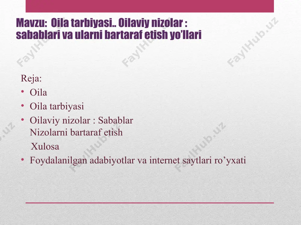shaxsiy xususiyatlari-nl hisobga olish, boladagi oʻzgarishlarni kuzatib borish, undagi mustaqillikka intilish va tashabbuskorlik sifatlarini qoʻllabquvvatlash va h.k. oila qanchalik tartibli, uning aʼzolari oʻrtasidagi munosabat samimiy boʻlsa, oila tarbiyasi ham shunchalik muvaffaqiyatli boʻladi. oila tarbiyasida ota-ona obroʻsi, ularning kuzatuvchanligi, sezgirligi, hozirjavobligi muhim tarbiyaviy ahamiyatga ega. oila tarbiyasida tarbiya jarayoni zerikarli, quruq nasihatgoʻylikdan iborat boʻlib qolmasligi lozim. bola hayotining koʻp qismi oilada oʻtadi. shu boisdan mavjud anʼanalar, urf-odatlar, rasm-rusumlar va marosimlarning ijobiy taʼsirida bola asta-sekin ka-mol topib boradi. anʼana va marosim oila tarbiyasining qudratli qurolidir. oila tarbiyasi ijtimoiy tarbiya bilan uzviy aloqada boʻlsagina, kutilgan natijalarga eri-shish mumkin. oila tarbiyasida yutuklarga erishish ota-onalarning pedagogik bilimlarga egaligi, oila tarbiyasi boʻyicha tajribalar alma-shishi, ota-onalarni tarbiyaviy ishlarga qizgʻin jalb qilishga ham bogʻliqdir. har bir ota-ona oila tarbiyasida oʻzlarining burch va masʼuliyatlarini chuqur anglashlari lozim. normal oilaviy muhit, bolani kitob oʻqishga, mehnat qilishga oʻz vaqtida jalb etish ham oila tarbiyasining muvaffaqiyati garovidir. oilada ota yoki onaning yoʻqligi …