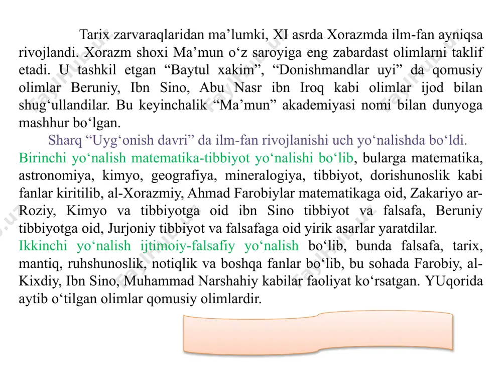 i, unda nimalarga e’tibor berish zuruligi, ta’lim-tarbiya usullari va uslubi haqida fikr yuritadi. “fozil odamlar shahri”, “baxt-soatdatga erishuv to‘g‘risida”, “aql ma’nolari” kabi asarlarida ijtimoiy-tarbiyaviy qarashlari o‘z ifodasini topgan. abu rayhon beruniy – jahon fanining taraqqiyotiga g‘oyat ulkan xissa qo‘shgan zo‘r iste’dod egasi va tadqiqotchi edi. uning o‘lmas ilmiy asarlari jahon fani taraqqiyotida benihoya yuksak ahamiyatga molikdir. beruniyning yirik asarlariga “mineralogiya”, “hindiston”, “geodeziya”, “o‘tmish yodgorliklari”, “saydana” kabilarni olish mumkin. beruniy har bir yaratgan asarining kishi ruhiyatiga, qobiliyatiga mos, uni toliqtirmaydigan bo‘lishiga e’tibor beradi. beruniy yozadi: “bizning maqsadimiz o‘quvchini toliqtirib qo‘ymaslikdir. hadeb bir narsani o‘qiy berish zerikarli bo‘ladi. agar o‘quvchi bir masaladan boshqa bir masalaga o‘tib tursa, u xuddi turli-tuman bog‘-rog‘larda sayr qilgandek bo‘ladi, bir bog‘dan o‘tar-o‘tmas, boshqa bog‘ boshlanadi. keyin uni hamma ko‘rigisi va tomosha qilgisi keladi”. beruniyning ilmiy bilimlarini egallash yo‘llari haqidagi fikrlari hozirgi davrda ham dolzarbdir. abu ali ibn sino – sharqning ulkan qomusiy ilm soxibi, jahon ilmi va …