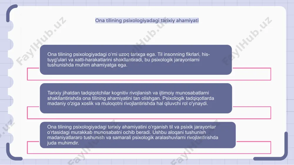 i o‘rni juda muhim, chunki u bizning fikrlash tarzimizni shakllantiradi va dunyoni idrok etishimizga ta’sir qiladi. tarjima madaniyatlararo psixologiyada muhim rol o'ynaydi va turli madaniyatlarga mansub shaxslar o'rtasida to'g'ri muloqot va tushunishni ta'minlaydi. psixologiyada ona tilining ham, tarjimaning ham ahamiyatini tushunish psixologiya sohasida yanada samarali va inklyuziv amaliyotga olib kelishi mumkin. til hissiyotlarni ifodalash va tartibga solish vositasi sifatida ona tili hissiyotlarni ifodalash va tartibga solishda asosiy vosita bo‘lib xizmat qilib, psixologiyada muhim o‘rin tutadi. bu odamlarning hissiy tajribalarini qanday izohlashi va boshqarishiga ta'sir qiladi. til tuyg'ularni ifodalash bilan uzviy bog'liq bo'lib, his-tuyg'ularni ifodalash va fikrning nuanslarini etkazish uchun asos yaratadi. ona tilimiz orqali ichki fikr va his-tuyg‘ularimizni yanada samaraliroq yetkaza olamiz. bundan tashqari, ona tili insonning his-tuyg'ularini idrok etish va qayta ishlash usullarini shakllantiradi, ularning psixologik farovonligiga ta'sir qiladi. u his-tuyg'ularning ichki dunyosi va muloqotning tashqi sohasi o'rtasida ko'prik bo'lib xizmat qiladi. maslahat berishda ona tilidan foydalanishning terapevtik ahamiyati …