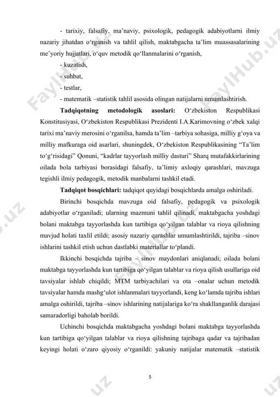 ga qoʻyilgan talablar va rioya qilish usullariga oid tavsiyalar ishlab chiqildi; mtm tarbiyachilari va ota –onalar uchun metodik tavsiyalar hamda mashgʻulot ishlanmalari tayyorlandi, keng koʻlamda tajriba ishlari amalga oshirildi, tajriba –sinov ishlarining natijalariga koʻra shakllanganlik darajasi samaradorligi baholab borildi. uchinchi bosqichda maktabgacha yoshdagi bolani maktabga tayyorlashda kun tartibiga qoʻyilgan talablar va rioya qilishning tajribaga qadar va tajribadan keyingi holati oʻzaro qiyosiy oʻrganildi: yakuniy natijalar matematik –statistik metod yordamida qayta taxlil etildi; tadqiqotning borishi, unda ilgari surilgan nazariy va amaliy qarashlar asosida umumiy xulosalarga kelindi. tadqiqotning ilmiy yangiligi: - mtm tarbiyachilari va ota –onalar uchun oilada bolani maktabga tayyorlashda ularning psixologik tarbiyasiga qoʻyilgan talablar va rioya qilish usullarining nazariy asoslari tavsiya etildi. tadqiqotning tuzulishi: kirish, 2 bob, 5 ta paragrif xulosa va foydalanilgan adabiyotlar roʻyxatidan iborat. i-bob maktabgacha yoshdagi bolalar tarbiyasida individual yondashuvning nazariy-psixologik asoslari 1.1 maktabgacha yoshdagi bolalarning o'ziga xos xususiyatlarini adabiyotlarda o'rganilganlik darajasi 3-7 yoshgacha bo‘lgan davr bog‘cha yoshi …