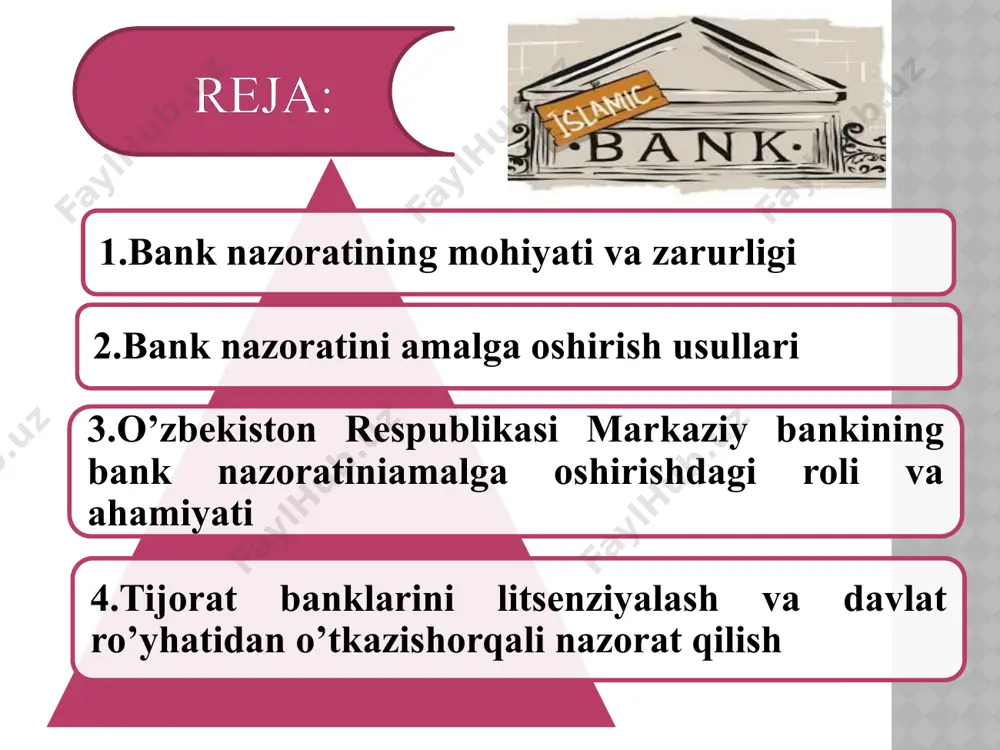 kkinchisi, banklarni joylarga chiqib inspeksiya qilish, ya’ni barcha moliyaviy hisobotlar va ularga tegishli qo’shimcha ma’lumotlar tijorat banklarining o’ziga borib tekshirishdir. uchinchisi, aralash usul bo‘lib, bunda masofadan turib va joylar chiqib tekshirish tekshirish usullari bigalikda amalga oshiriladi. bank tizimi amaliyotida bank nazoratining bir nechta usulidan foydalaniladi. masofadan nazorat qilishda quyidagilar tekshiriladi: bank aktivlari va passivlari holatini, bank kapitali likvidliligi, foyda va zararlar hisoboti, bank tushumlari to’liq tahlil qilib chiqiladi; tahlil jarayonida aniqlangan xato va kamchiliklar to’g’risida banklar faoliyatini tahlil qilish boshqarmasi xodimlari tomonidan rahbariyatga ma’lumotnoma jo’natiladi; takrorlangan kamchilik yuzasidan bankka nisbatan jarima chorlari ko’riladi. prudensial nazorat — bank faoliyatining o‘ziga xos tavakkalchiliklarining oldini olish va kamaytirish maqsadida banklar faoliyati ustidan o‘zbekiston respublikasi markaziy banki amalga oshiradigan nazorat; “prudensial ” tushunchasi ehtiyotkor, uzoqni ko‘radigan degan ma’nolarni anglatib, “nazorat” so‘zi bilan birga qo‘llanilganda bank muassasalari faoliyatida yuzaga kelishi mumkin bo‘lgan xatarlar va muammolarni bartaraf qilishga imkon beruvchi masofadan nazorat ma’nosini anglatadi. o‘zbekiston respublikasi …