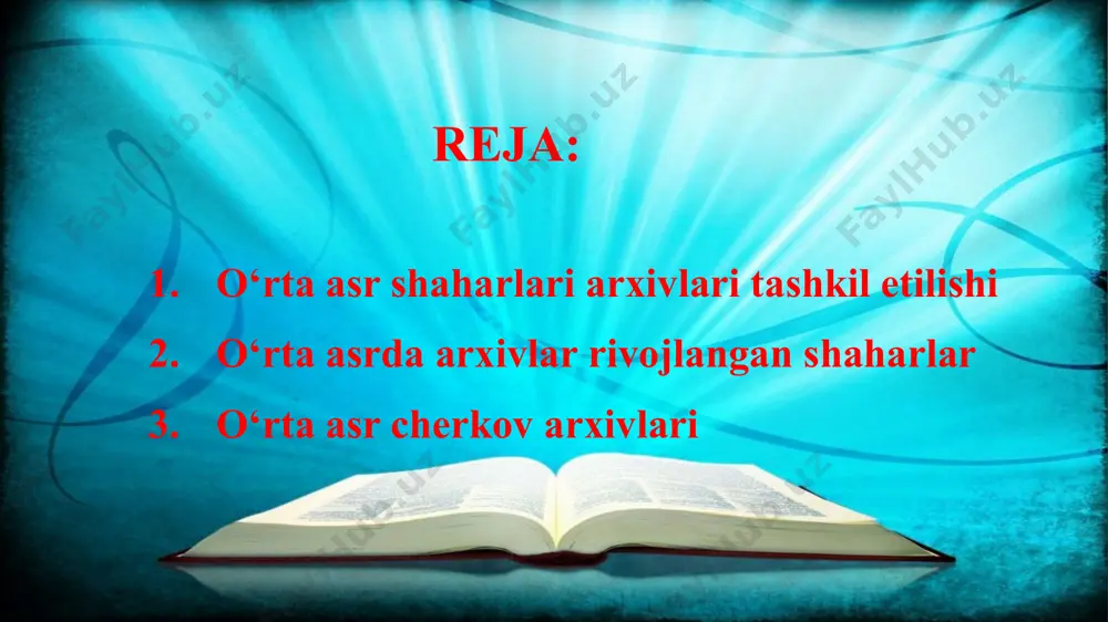. bizgacha yetib kelgan shahar arxivlari haqidagi birinchi xabarlar odatda shaharning oʻzini oʻzi boshqarish organi tashkil topgan vaqtga yaqin vaqtga toʻgʻri keladi. shunday qilib, venetsiya uchun ular ix-asrga, florensiya uchun - x-asrga, italiyaning boshqa shaharlari uchun - asosan xii-asrga toʻgʻri keladi. frantsiya uchun bu odatda xii - xiii asrlardir. ilgari janub va shimolni, keyinchalik esa ichki va sharqni qamrab olgan kommunal transportning tarqalishiga qarab. angliya va germaniyada eng qadimgi shahar arxivlari xii—xiv-asrlarda vujudga kelgan. shu bilan birga, arxivlar polsha shaharlarida paydo boʻldi, masalan, krakovda - 1257, vrotslav - 1261, torun - 1251, lublin - 1317) va vengriya va boshqalar. dastlab shahar kengashi hujjatlari, qoida tariqasida, kengash aʻzolarining xonadonlarida saqlanardi. shunday qilib, frantsiyaning albi shahri arxivi xii-asrning oxirida ratsiyalar qurilishidan oldin. notariusda, arlesda - konsulda saqlanadi. koʻpincha cherkov binolari eng muhim hujjatlarni joylashtirish uchun ishlatilgan. shu kabilar: nyurnbergda, sankt-peterburg cherkovida, sebastyan, reymsda - sankt-peterburg cherkovining zindonlarida. peter, bloisda - burmoyen abbatligi …