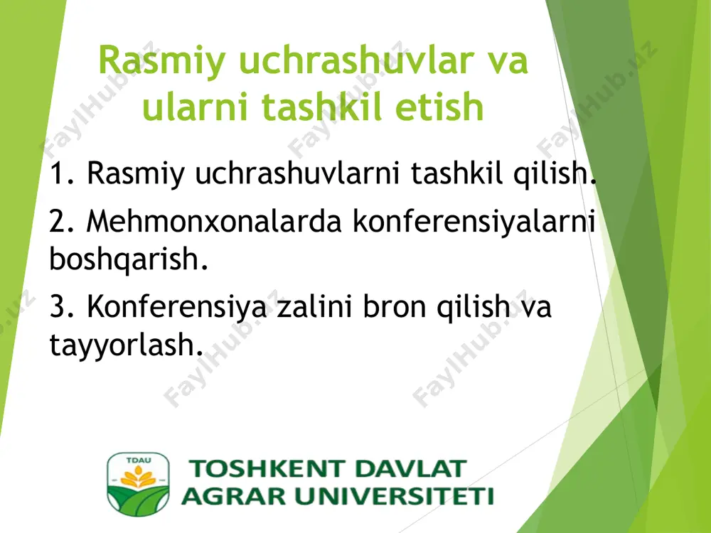50 sm bo‘lishi kerak, shuning uchun personallarning o‘tish joyi 1 m bo‘ladi. rasmiy banketda asosiy stol (top table) mavjud bo‘lib, u yerda eng sharafli mehmonlar (tug‘ilgan kunlar) joylashtiriladi. ushbu jadval har doim birinchi navbatda xizmat ko‘rsatadi. keyin qolgan mehmonlar joylashtiriladi. normalarga ko‘ra barcha mehmonlarga 7 daqiqa davomida ovqat berilishi kerka. ziyofat zalidagi barcha stollar raqamlanadi, stollardagi raqamlar esa zalning kirishidan osongina o‘qilishi uchun o‘rnatiladi. ziyofat zalidagi stollarning kengligi kamida 75 sm bo‘lishi kerak, bir mehmon uchun 50-60 sm stol beriladi. ziyofat zalining umumiy maydoni bir mehmon uchun 1-1,4 km bo‘lishi kerak. konferensiya – dolzarb va dolzarb masalalarni muhokoma qilish, biznes, tibbiyot, siyosat, tajriba almashish sohasida asosiy tezislarni shakllantirish, so‘ngra natijalarni sarhisob qilish, qaror qabul qilish va harakatlar strategiyalarini shakllantirish maqsadida tashkil etilgan ommaviy tadbir. konferensiyalarni tashkil etish – bu murakkab va vaqt sarflaydigan jarayon bo‘lib, u turli xizmatlar va tuzilmalar faoliyatini mufiqlashtirishni, malakali yondashuvni talab qiladi va ko‘p vaqt va …