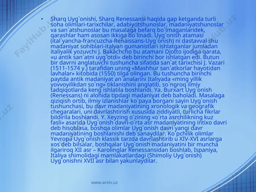 .arxiv.uz www.arxiv.uz www.arxiv.uz 1950 yillarning o`rtalaridan e`tiboran «sharq» uyg`onish davri masalasida jiddiy munozara bahs ketdi. xitoy madaniyati tarixi tahlilida akademik n. konrad uyg`onish davrini qadimgi, o`rta asrlar singari insoniyat civilizaciyasining barcha mintaqalariga xos umumbashariy hodisa deb qaraydi. umumjahoniy jarayon hisoblagan uyg`onish sharqda (xitoy) vi-viii asrlarda boshlanib, g`arb sari siljigan va xiv asrda yevropa hodisasiga aylangan. uyg`onishning bunday talqiniga qarshi bu hodisa turli mamlakatlarda mintaqaviy, ayrim ko`rinishlarda amal qilishi mumkin, lekin u umumjahoniy fenomen bo`lishi mumkin emas, deb hisoblovchilar ham bor. uyg`onish davri xitoyda (konrad), kuriyada (ten), eron-tojikistonda (braginskiy, nikitin), hindistonda (celishev), turkiyada (mellov), armanistonda (chaloyan), ozorboyjonda (gajiev), gruziyada (nucubidze, natadze) kechkanligi haqida ayrim ma`lumotalar keltiriladi. ayni choqda har ikki qarash tarafdorlarini yevropa uyg`onish davrini mutlaqo betakror hodisa deb qarovchi mualliflar (a. losev, m. petrov) jiddiy tanqid qiladilar. www.arxiv.uz www.arxiv.uz o`zbekistonda sharq uyg`onish davri masalasi mahalliy materiallarni umumlashtirgan holda etarli ishlanmagan. markaziy osiyo mintaqasidagi uyg`onish haqida gap borganda ix-xii asrlar avvalo …