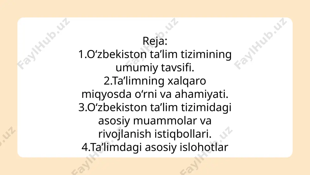 va izchilligi; o‘n bir yillik ta’limning hamda olti yoshdan yetti yoshgacha bo‘lgan bolalarni bir yil davomida umumiy o‘rta ta’lim ga tayyorlashning majburiyligi; davlat ta’lim standartlari va davlat ta’lim talablari doirasida ta’lim olishning hamma uchun ochiqligi; o‘quv dasturlarini tanlashga doir yondashuvning yagonaligi va tabaqalashtirilganligi; insonning butun hayoti davomida ta’lim olishi; jamiyatda pedagoglarni ijtimoiy himoya qilishning kafolatlanganligi; ta’lim tizimining dunyoviy xususiyatga egaligi; bilimlilik, qobiliyatlilik va iste’dodning rag‘batlantirilishi; ta’lim tizimida davlat va jamoat boshqaruvining uyg‘unligi; ta’lim faoliyati sohasidagi ochiqlik va shaffoflik. ta’lim turlari quyidagilardan iborat: maktabgacha ta’lim va tarbiya; umumiy o‘rta va o‘rta maxsus ta’lim ; professional ta’lim ; oliy ta’lim ; oliy ta’lim dan keyingi ta’lim ; kadrlarni qayta tayyorlash va ularning malakasini oshirish; maktabdan tashqari ta’lim . ta’lim tizimi: davlat ta’lim standartlarini, davlat ta’lim talablarini, o‘quv rejalari va o‘quv dasturlarini; davlat ta’lim standartlarini, davlat ta’lim talablari va o‘quv dasturlarini amalga oshiruvchi ta’lim tashkilotlarini; ta’lim sifatini baholashni amalga oshiruvchi tashkilotlarni; ta’lim tizimining …