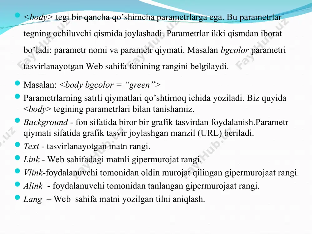 hlatiladi. abzatsni brauzer oynasining o‘ng yoki chap tomoniga tekislash, markazlashtirish yoki to‘la eniga yoyib yozish uchun ularga mos ravishda left, right, center va justify qiymatlari ishlatiladi. bularning qo‘llanilishini quyidagi misolda ko‘ramiz: matnlarni tekislash abzastlarni gorizontal tekislash chap tomonga tekislash o’ng tomonga tekislash markazlashtirilgan abzast eni bo’yicha yoyib yozilgan abzast font tegi tegi matnlarini bezashda qo’llaniladi. tegini yopiluvchi tegi shunday ko‘rinishda bo‘ladi. tegi quyidagi parametrlarga ega: size - matn o‘lchamini ko‘rsatish; color - matn rangini berish; face - matn qaysi shriftda tasvirlanishini belgilash; size parametri qiymat sifatida 0 dan 7 gacha bo‘lgan sonlarni qabul qiladi. bu sonlar matndagi simvollar o‘lchamini bildiradi. masalan: shrift o‘lchamini bittaga oshirish uchun quyidagi konstruksiyani yozishimiz kerak: shrift (simvol) o‘lchamlarini ikki birlikka kichraytirish uchun esa quyidagini yozishimiz kerak: matnga rang berish font tegining navbatdagi parametri bu color parametridir. color-parametri quyidagicha yoziladi: masalan: qo‘llanilayotgan shrift simvollarini yashil rangda tasvirlash uchun quyidagini yozishimiz lozim: navbatdagi face parametri esa qo‘llanilishi …