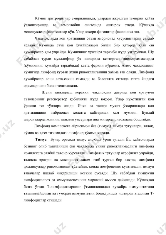 аражада камаяди ва бу жараён кейин ҳам давом этади. тимус пўстлоқ қисмининг камайиши лимфоцитлар етилишини секинлаштиради. тимуснинг мағиз қисмидаги ҳужайралар ёшга боғлиқ ҳолда ўз фаолиятини сустлаштирмайди. бу қаватда учрайдиган гассал таначалари физиологик фаол пептидлар ажралишида иштирок этса карак. тимус – “иммунологик ҳотира” аъзоси. бошқа аъзоларда етилган лимфоцитлар ундан ўтиш жараёнида маълум аҳборотга эга бўлади ва иммунокомпетент (иммунитетни таъминлайдиган) ҳолатга ўтади. ундан ташқари, тимотситлар емирилганида эркинлашадиган гуморал омиллар лимфатик тугунлардаги лимфоцитларга иммунокомпетеннтлик бахш этади. тимусда синтезланадиган гуморал омиллар лимфоид тизим ривожланишини рағбатлантиради ва лимфоцитлар иммун фаоллигини оширади. лимфатик тугунлар. лимфа томирлари бўйлаб жуда кўп лимфа тугунлари жойлашган. танада бу лимфатик тугунларнинг умумий массаси 1,5-2 кг атрофида. лимфатик тугунларнинг қон яратилишидаги иштироки т- ва б-лимфоцитлар кўпайишини, уларнинг антигенга мос ҳолда ихтисослашишини ва спетсифик антителолар ишлаб чиқаришни таъминлашдан иборат. тугун дарвозаси соҳасидан ўтган кесимда чекка жойлашган тўқроқ пўстлоқ ва очроқ бўлган марказий моддаларини кўриш мумкин. пўстлоқ модданинг қисмини лимфоид фолликуллар ташкил қилади. уларнинг …