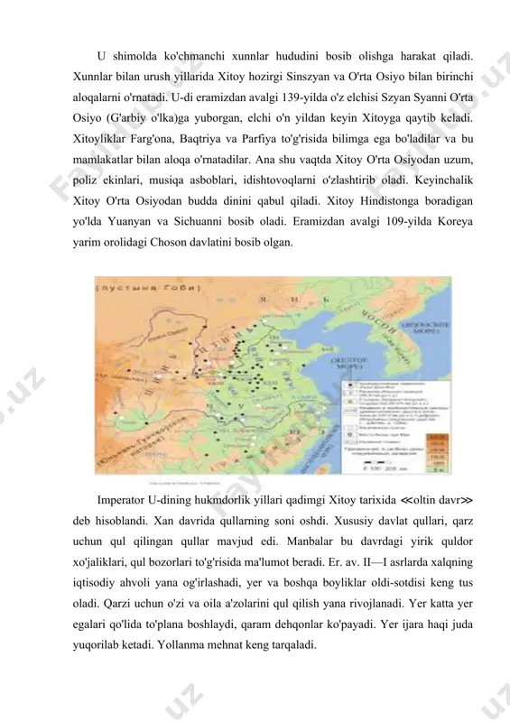 izning i yillarida yirik amaldor van man imperator hokimiyatiga ega bo'lib yer egaligi va quldorlik munosabatlarida islohot o'tkazadi. bu vaqtda dehqonlarning yersizlanishi kuchayib, katta-katta yer maydonlari alohida qullarda to'planib qolgan edi. van man barcha yerlarni imperator mulki deb e'lon qilib, yerni sotishni taqiqlaydi. qul savdosi ham taqiqlanadi, ammo bu islohotlar amalga oshmaydi. mamlakatning ijtimoiy-iqtisodiy hayoti tobora tushkunlikka yuz tuta boradi. xalq harakatlaridan, so'ng, xitoy iii asr boshlarida uch musiaqil davlat vey, shu va u ga bo'linib ketadi. xan davrida xitoy davlati qudratining oshishi madaniyatning yuksalishida ham o‘z ifodasini topgan. manbalarda ko‘rsatilishicha, bu vaqtda akademiya, kutubxona tashkil qilingan, davlat yozuvchilarga homiylik qilgan, ochiq imtihonlar o‘tkazib, amaldorlarning malakasini oshirgan. ammo mehnatkash xalq ahvoli og‘ir bo‘lib qolavergan. ijtimoiy ziddiyatlarni kamaytirish maqsadida dun chjun - shu, van chun va van man islohotlar o‘tkazishga harakat qilganlar. dun chjun - shu katta yer - mulklarni bir kishi qo‘lida bo‘lishini taqiqlash, tuz va temir monopoliyasi, “quldorlarning o‘z …
