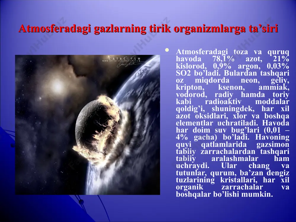 soblanadi. sun’iy ifloslanish. atmosfera havosini asosan ifloslantiruvchi manbalar bugungi kunda tobora rivojlanib borayotgan insonning sanoat ishlab chiqarishidagi va avtotrasportlarning rivojlanishidir. havoga ko’p miqdorda karbon kislota, uglevodorodlarning oksidlari, sulьfid angidrid va boshqa moddalar chiqarilib, ular tabiiy muhitga va odamlarga juda katta zarar etkazmoqda. atmosfera havosini ifloslanishi muammosi barcha insoniyatni tashvishlantirmoqda. atmosfera havosining ifloslanishi va vujudga kelgan ekologik muammolar o’zbekistonda tamosferaga chiqariladigan nisbiy ifloslantiruvchi moddalarning miqdori keyingi yillarda ikki martaga qisqardi, ya’ni jon boshiga 90 kg ni tashkil etdi. ifloslantiruvchi moddalarning umumiy miqdloriga nisbatan 51,9%-so2, 16%-no2, 17,9%-snlar, 8,8%-so2, 6,1%-qattiq moddalar va 0,2% boshqa maxsus zararli moddalarga to’g’ri keladi. ko’pgina shaharlarda ifloslanishning sanitar-gigienik normadan ortiqligi kuzatilmoqda. masalan, olmaliq, navoiy, samarqand, toshkent, angren, marg’ilon, chirchiq, toshkent va boshqa shaharlar shular jumlasidan bo’lib, eng ifloslangan shahar navoiy shahri bo’lib hisoblanadi. tuproqning muhit sifatida tirik organizmlar uchun xususiyatlari tuproq deyilganda erning g’ovak, unumdor yuza qavati tushuniladi. tuproqda o’simliklar, mikroorganizmlar va ba’zi umurtqasiz hayvonlar yashaydi. masalan, 1 …
