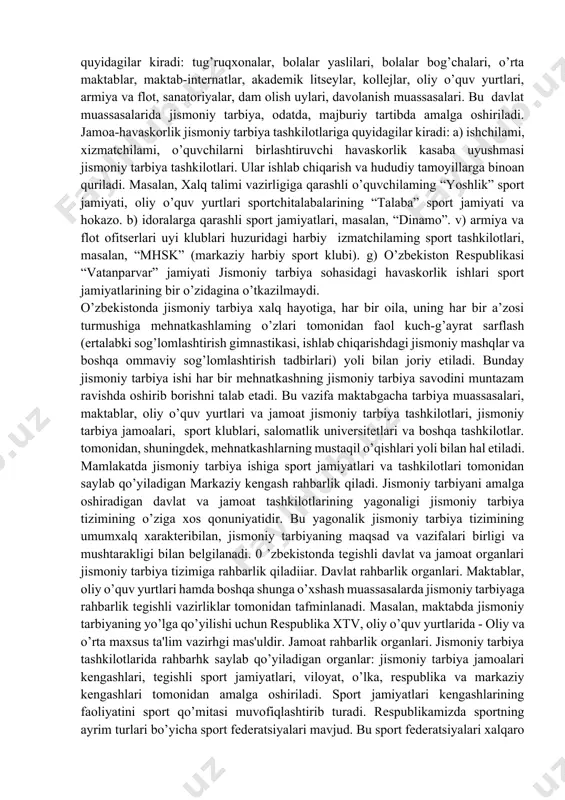 atiga ham bog’liq. tizimning tashkiliy quwati, birinchi navbatda, uning tashkil topishi, hayotda ishlashi va rivojlanishiga, unda davlatning qay darajada ishtirok etishi hamda jamiyat boshqaruvchi kuchlariga ham bog’liq. ibtidoiy ishlab chiqarish va ijtimoiy munosabatlaming alohida xususiyatlarini jismoniy tarbiyaning mehnat jarayoni hamda tarbiyaning boshqa turlari bilan chambarchas aloqasi belgilab beradi. sinfiy jamiyat vujudga kelguniga qadar jismoniy tarbiyani rivojlantirishga mehnatdan tashqari harbiy ish ham ta'sir o’tkazdi. o’rta osiyo ilm-fani va madaniyati tarixida qomusiy bilimlar sohibi abu ali ibn sino eng muhim orinda turadi. u “mo”tadil ravishda va o’z vaqtida badantarbiya bilan shug’ullanuvchi odam buzilgan holatlar tufayli kelib chiquvchi kasalliklaming davosiga muhtoj bolmaydi” deb bashorat qiladi ibn sino badantarbiya mashqlarining turlari va ular bilan shug’ullanish tartib qoidalarini ham aniq ko’rsatadi.] badantarbiyaning xillari turli bo’lishini quyidagicha ifodalaydi: kichigi va kattasi, juda kuchliligi, tez va susti, tez va shiddatli, nihoyat sust turlariga bo’lgan. xorazmlik shoir va mutafakkir pahlavon mahmud (1246-1324) o’z davrida kurash usullarini yoshlarga o’rgatgan, …
