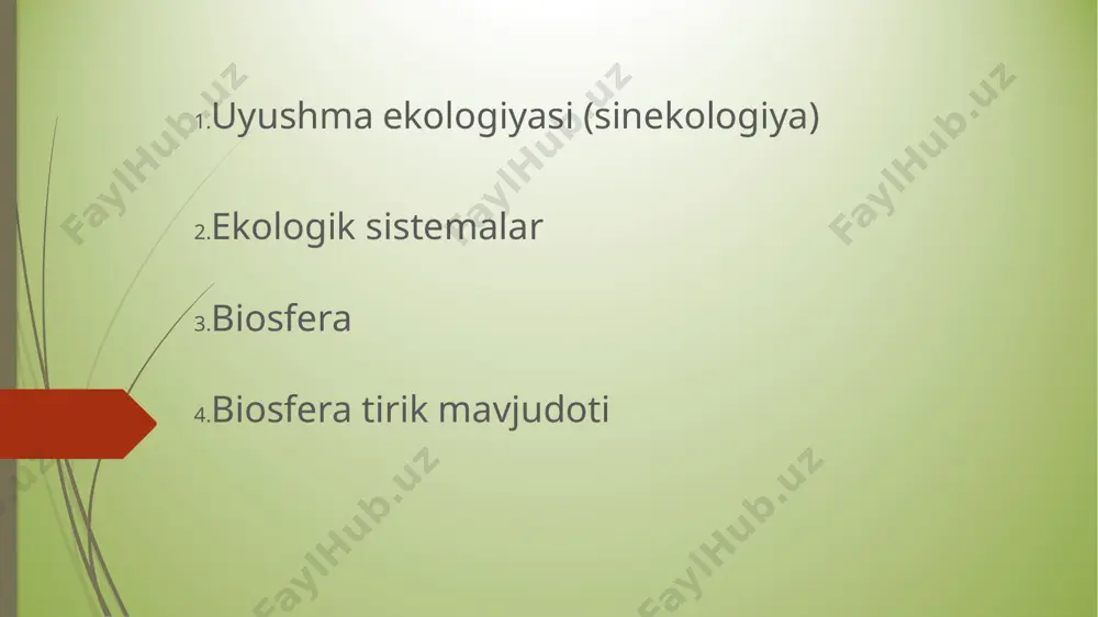 bakteriyalar mavjud) va 1 km okean chuqurligicha cho`zilgan. yer diametriga (13000 km) nisbatan biosfera uning yuza qismining yupqa pardasi hisoblanadi. ammo asosiy hayot manbai biosferaning yana ham tor qalinligidagi qismida to`plangan. asosiy hayot qobig’i quruqlik, atmosfera va okeanning bir necha 10 metrlik qismini tashkil qiladi biosferada hamma moddalar aylanma harakat qiladi, ya`ni ular organik moddalarni sintez qiladi va yemirilish jarayonlarida ko`p marotaba ishtirok etadi. u yoki bu darajada kimyoviy elementlarning qaryib barchasi moddalarning aylanma harakatida ishtirok etadi, ammo biosfera uchun muhim bo`lgan moddalar – suv, kislorod, uglerod, azot va fosforning aylanishidir. suvning davriy aylanishi xulosalar 1. ekosistema - biosferani har qanday bir bo’lagidagi komponentlarning (biotik va biotik bo’lmagan) uzaro ta’siri natijasida bir butunlikni namoyon bo’lishi. 2. hamma tabiiy ekosistemalar uchun fundamental qonun hisoblangan le shatele-braun prinsipi mavjud: tashqi kuch ta`sirida sistema turg’un holatidan chiqarilsa, bunday sistema turg’unligi tashqi ta`sir effekti kam bo`lgan tomonga qarab siljiydi. 14 3. biogen va abiogen …