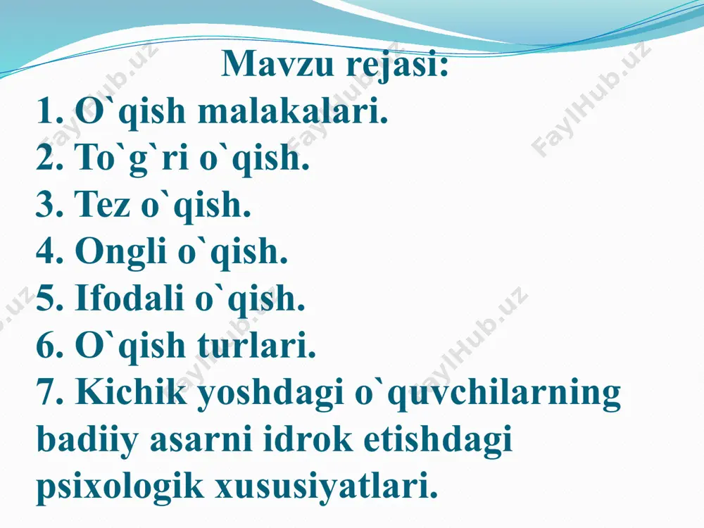 ash; - o`quvchilarni xato qilish mumkin bo`lgan o`rinlarda ogohlantirib turish; - xatcho`pdan foydalanish; - xato o`qish o`quvchilarning ko`ruv sezgisiga ham bog`liqligini hisobga olish. o`quvchilar yo`l qo`ygan xatolar 2 xil yo`l bilan tuzatiladi: 1. o`quvchi so`z oxiridagi qo`shimchani noto`g`ri o`qisa, uni o`qishdan to`xtatmasdan xatoni to`g`rilash. 2. xato o`qish bilan gaplarning mazmuni buzilsa, qayta o`qitish usulidan foydalaniladi. bunda o`quvchiga o`qigan matni yuzasidan savol berilsa, o`quvchi e’tiborli bo`lib qayta o`qiydi. tez o`qish. tez o`qish me’yoriy tezlikdagi o`qish bo`lib, bunda o`qish sur’ati matnning mazmunini tushunishdan ajralib qolmasligi kerak. o`qish tezligi matnni tushunish tezligi bilan muvofiq ravishda o`sib borishi lozim. o`qilayotgan asar mazmunini o`zlashtirishni, matn mazmunini ongli idrok etishni ta’minlaydigan o`qish tez o`qish deyiladi. o`qish tezligi bir daqiqada o`qiladigan so`zlar soni bilan belgilanadi.o`qish tezligi deganda ongli idrok etishni ta’minlaydigan o`qish tushuniladi. og`zaki nutq tempiga mos keladigan o`qish tezligi me’yoriy tezlik hisoblanadi. masalan, bir daqiqada: 1-sinfning ikkinchi yarim yilligida 20-25 ta so`z, o`quv yili o`quv yili …