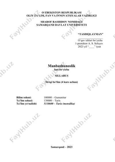 manbm3005 - manbashunoslik sillabus (tarix fakulteti) — DOCX