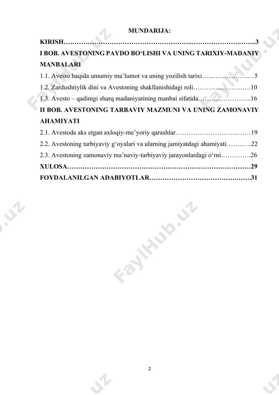 integratsiyalash muhim ahamiyat kasb etadi. o‘zbekiston respublikasi prezidenti shavkat mirziyoyev o‘z nutqlarida milliy merosimizni o‘rganish zarurati haqida quyidagicha ta’kidlaydi: “buyuk ajdodlarimiz qoldirgan bebaho boyliklar – ularning asarlari, ijtimoiy-falsafiy, diniy-ma’naviy qarashlarini chuqur o‘rganish, ayniqsa, yoshlar tarbiyasida ulardan samarali foydalanish – bizning muqaddas burchimizdir”[footnoteref:1]. [1: shavkat mirziyoyev. “yangi o‘zbekiston – yangi taraqqiyot yo‘li”. t.: o‘zbekiston, 2021.] shuningdek, prezidentning 2021-yil 26-martdagi “ma’naviyat va ma’rifat tizimini tubdan takomillashtirish chora-tadbirlari to‘g‘risida”gi qarorida xalqimizning qadimiy tarixiy-madaniy merosini chuqur o‘rganish va targ‘ib etish zarurligi alohida qayd etilgan[footnoteref:2]. [2: o‘zbekiston respublikasi prezidentining 2021-yil 26-martdagi pq-5040-sonli qarori – "ma’naviyat va ma’rifat tizimini tubdan takomillashtirish chora-tadbirlari to‘g‘risida".] ushbu kurs ishining subyekti — qadimiy yozma yodgorliklarning tarbiyaviy mazmunini o‘rganishga yo‘naltirilgan ilmiy tadqiqotdir. kurs ishining obyekti esa — “avesto” kitobining madaniy, diniy va axloqiy mazmuni, shuningdek, uning tarixiy taraqqiyotdagi o‘rni hisoblanadi. kurs ishning predmeti sifatida “avesto” matnida mujassam bo‘lgan tarbiyaviy, axloqiy va ijtimoiy g‘oyalar, ular orqali qadimgi sharq jamiyatlarining ma’naviy hayoti va …