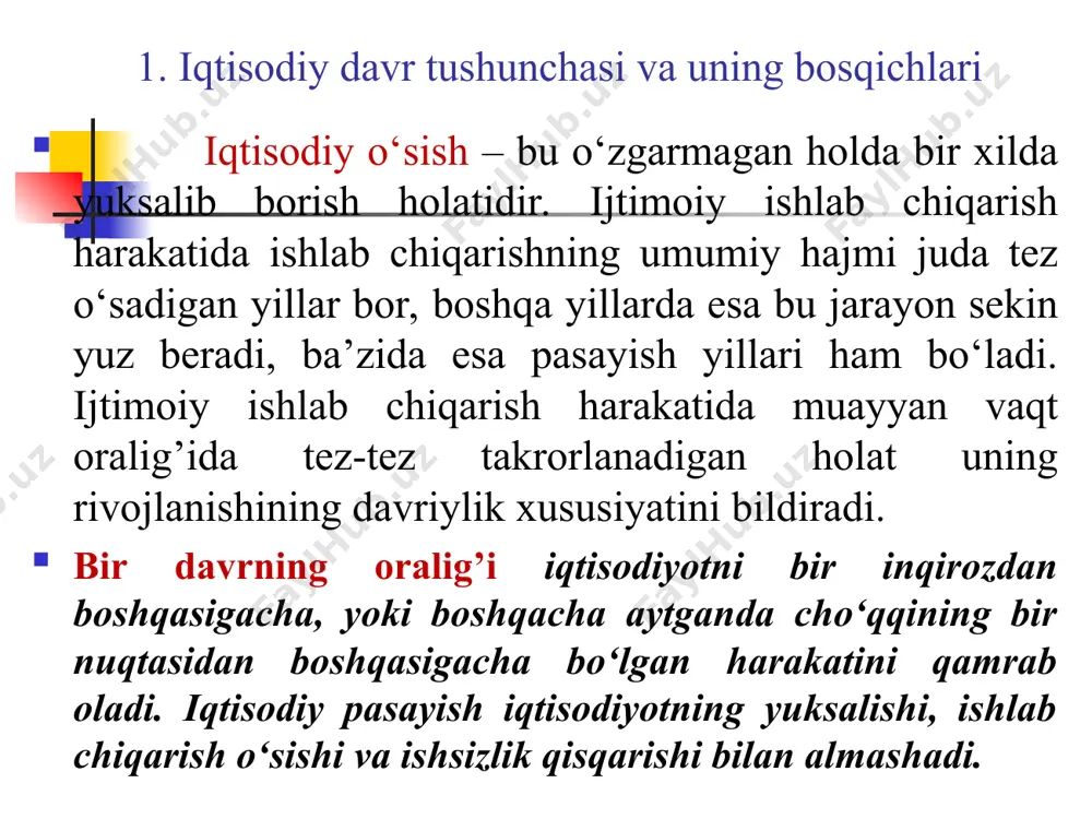 iyosiy larzalar; - oltin, uran, neft va boshqa qimmatli resurslar yirik konlarining ochilishi; - yangi hududlarning ochilishi va bu bilan bog’liq ravishda aholi migratsiyasi, er shari aholisi sonining o‘zgarib turishi; - ijtimoiy ishlab chiqarish tarkibini tubdan o‘zgartirishga qodir bo‘lgan texnologiya, tadqiqotlar va innovatsiyalardagi qudratli o‘zgarishlar. iqtisodiy sikllarni iqtisodiy tizimning o‘ziga xos ichki omillari ta’sirida vujudga kelishini asoslovchi nazariya internal nazariya deb ataladi. shuningdek, quyidagi boshqa ichki omillar ham ajratib ko‘rsatiladi: - shaxsiy iste’molning o‘zgarishi (qisqarishi yoki kengayishi); - investitsiyalar, ya’ni ishlab chiqarishni kengaytirish, uni yangilash va yangi ish joylarini vujudga keltirishga yo’naltiriladigan mablag’lar hajmi; - ishlab chiqarish, talab va takliflar hajmiga ta’sir ko‘rsatishga qaratilgan davlat iqtisodiy siyosatining o‘zgarishi. iqtisodiy sikllarning kelib chiqishini faqat eksternal yoki internal nazariya orqali tushuntirish to‘g’ri bo‘lmaydi. iqtisodiy sikl va umuman iqtisodiy tizimdagi miqdoriy va sifat o‘zgarishlar tashqi va ichki omillar birgalikdagi ta’siri oqibatida kelib chiqishi mumkin. shuningdek, iqtisodiyotning siklli rivojlanishi sabablarini izohlashda bir qator nazariyalar …