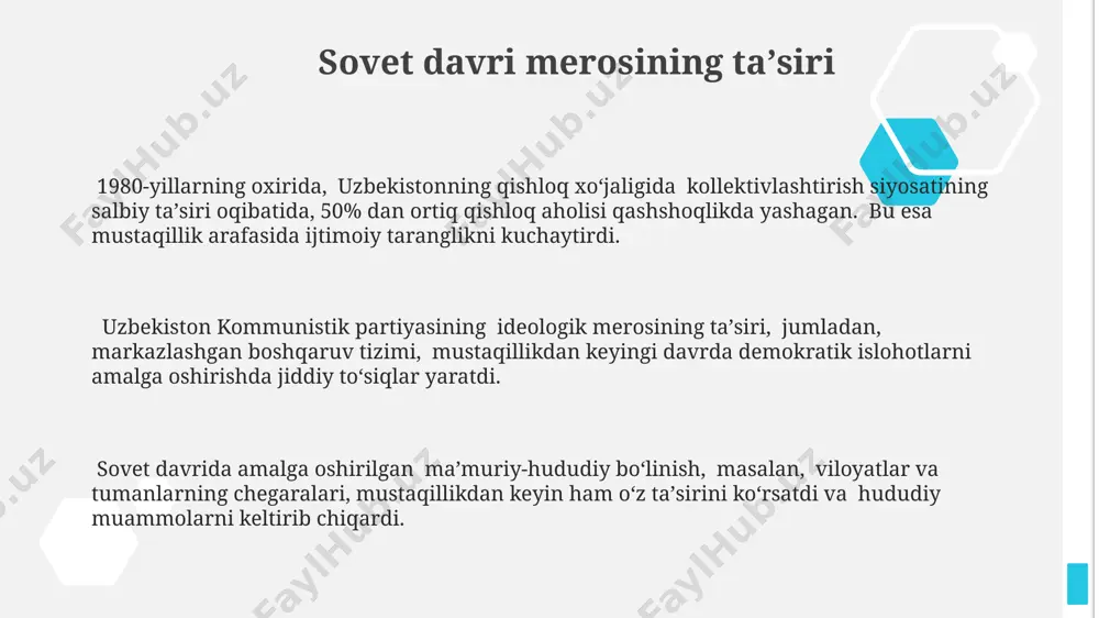 ommaviy namoyishlar va noroziliklar bilan ifodalangan. "adolat" va "erkinlik" kabi shiorlar ostida toshkent va samarqand shaharlarida ham millatchilik gʻoyalarining tarqalishi, hukumatning qoʻshimcha repressiv chora-tadbirlarini oʻtkazishiga sabab boʻlgan. millatchilarning asosiy shiori – oʻzbekistonning mustaqilligi boʻlib, ularning taʼsiri, ayniqsa, qishloq xoʻjaligi va mahalliy aholi orasida sezilarli darajada kuzatilgan. mustaqillik arafasida oʻzbekistonning ijtimoiy-siyosiy hayoti mustaqillik arafasida, 1980-yillarning oxirida, oʻzbekistonda milliy uygʻonish harakati kuchayib, andijon va namangan viloyatlarida ommaviy namoyishlar boʻlib oʻtdi. sovet ittifoqining parchalanishi arafasida, oʻzbekistonning iqtisodiy ahvoli, ayniqsa qishloq xoʻjaligida, juda ogʻir edi, bu esa ijtimoiy notinchlikka sabab boʻldi. 1990-yilgi saylovlarda oʻzbekiston kommunistik partiyasi mutlaq gʻalaba qozongan boʻlsa-da, milliy ozodlik harakatining taʼsiri tobora kuchayib borayotgan edi. e'tiboringiz uchun rahmat @taqdimot_robot