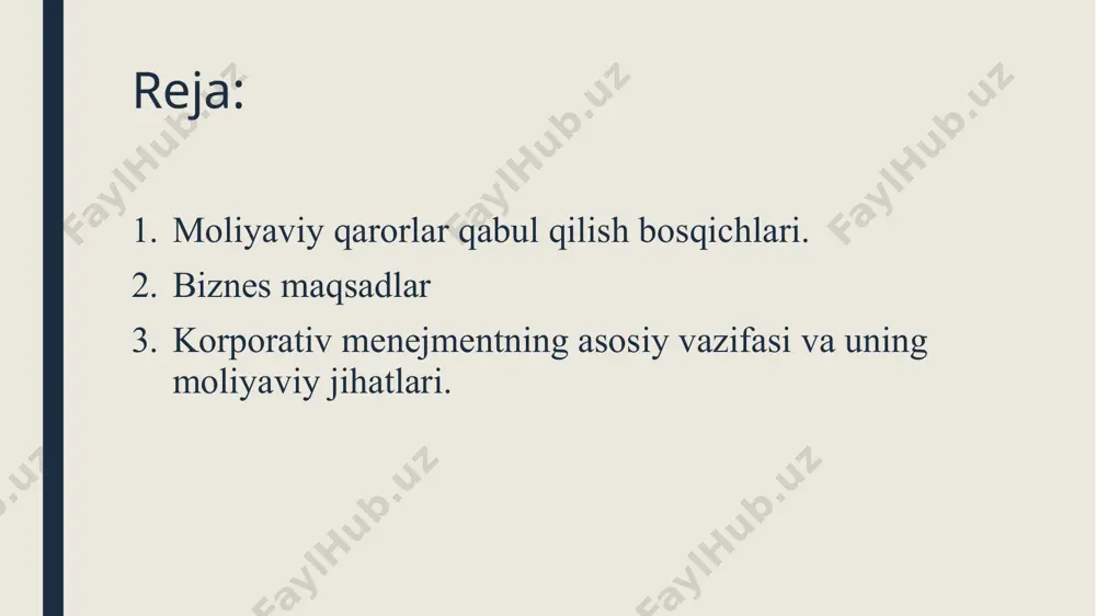 iy qarorlarni monitoring qilish jarayonining katta qismi buxgalteriya hisobi tizimi yordamida, shu jumladan byudjet nazoratining kundalik tartibotlari orqali amalga oshiriladi. 2. biznesning maqsadlari biznesning maqsadlari foydani maksimal-lashtirish ishlatiladi-gan kapitaldan daromadni maksimal-lashtirish faoliyatni saqlab qolish uzoq mud-datli barqarorlik va o‘sish aksiyador- lar farovon-ligini maksimal-lashtirish foydani maksimallashtirish foydani ishlab chiqarish ko‘lamlarini kengaytirish hisobiga oshirish mumkin. agar foydani oshirish faqat qo‘shimcha jalb qilingan tashqi mablag‘lar ko‘payishi bilan bog‘liq bo‘lsa, bu aksiya uchun haqiqiy foyda pasayishini va aksiyadorlar ahvoli yomonlashishini anglatadi. farmatsevtika mahsulotlarini ishlab chiqaruvchilar, odatda, yangi mahsulotlarni rivojlantirish va testdan o‘tkazish uchun ulkan mablag‘lar sarflaydilar. tarmoqning o‘ziga xos xususiyati shundan iboratki, yangi dori-darmon vositasini bozorga chiqarish uchun bemalol 10 yil talab qilinishi mumkin. tadqiq qilish va rivojlantirish uchun mablag‘lar sarflashni to‘xtatgan kompaniyada joriy daromad ko‘payadi, chunki chiqimlar qisqartiriladi, oldingi yillar amalga oshirilgan rivojlantirishga investitsiyalardan daromadlar esa avvalgidek kelib tushishda davom etadi. shunday qilib, rivojlantirish uchun xarajatlarni rad etgan kompaniyaning joriy daromadi yuqorilab boradi, …