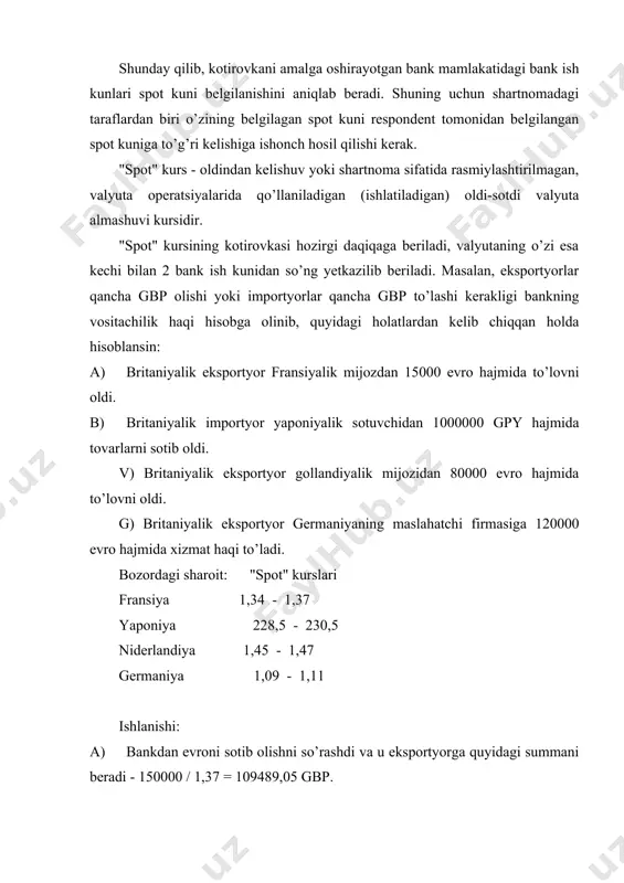 dilerning majburiyatlari hosil bo’ladi. agarda dilerning talablari majburiyatlaridan ko’p bo’lsa, unda valyuta pozitsiyasi "uzun" pozitsiya bo’yicha ochiq hisoblanadi. agarda dilerning majburiyatlari talablaridan ko’p bo’lsa, unda valyuta pozitsiyasi "qisqa" pozitsiya bo’yicha ochiq hisoblanadi. dilerning talab va majburiyatlari o’zaro teng bo’lsa, unda valyuta pozitsiyasi yopiq hisoblanadi. har qanday diler jahon valyuta bozorida o’z milliy valyutasida operatsiyalarni amalga oshiradi. diler valyuta pozitsiyasini o’z milliy valyutasida yoki aqsh dollarida yopadi. masalan, n'yu-yorkdagi diler quyidagi operatsiyalarni amalga oshirdi: sotish sotib olish kurs ---------- ----------------- --------- 1000 usd 653,59 gbp 1,5300/05 usd 2000 usd 2353 chf 1,1760/65 chf 1500 usd 2171,85 sek 1,4474/79 sek 600 gbp 922,98 usd 1,5378/83 usd 2000 chf 1711,45 usd 1,1686/91 chf 2000 sek 1388,12 usd 1,4408/13 sek birinchi operatsiyada diler 1000 usdni 1,5300 kursi asosida sotib, 653,6 funt sterlingni sotib oladi. 1000 usdni sotganligi sababli n'yu-yorkdagi dilerning sotib oluvchi oldida 1000 usdni yetkazib berish bo’yicha majburiyati hosil bo’ldi va ushbu majburiyat …