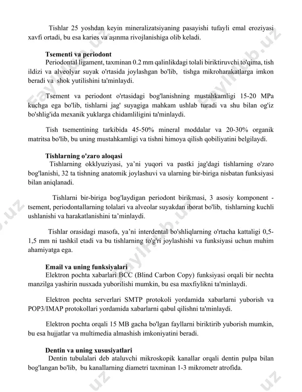 eolyar suyak o'rtasida joylashgan bo'lib, tishga mikroharakatlarga imkon beradi va shok yutilishini ta'minlaydi. tsement va periodont o'rtasidagi bog'lanishning mustahkamligi 15-20 mpa kuchga ega bo'lib, tishlarni jag' suyagiga mahkam ushlab turadi va shu bilan og'iz bo'shlig'ida mexanik yuklarga chidamliligini ta'minlaydi. tish tsementining tarkibida 45-50% mineral moddalar va 20-30% organik matritsa bo'lib, bu uning mustahkamligi va tishni himoya qilish qobiliyatini belgilaydi. tishlarning o'zaro aloqasi tishlarning okklyuziyasi, ya’ni yuqori va pastki jag'dagi tishlarning o'zaro bog'lanishi, 32 ta tishning anatomik joylashuvi va ularning bir-biriga nisbatan funksiyasi bilan aniqlanadi. tishlarni bir-biriga bog'laydigan periodont birikmasi, 3 asosiy komponent - tsement, periodontallarning tolalari va alveolar suyakdan iborat bo'lib, tishlarning kuchli ushlanishi va harakatlanishini ta’minlaydi. tishlar orasidagi masofa, ya’ni interdental bo'shliqlarning o'rtacha kattaligi 0,5-1,5 mm ni tashkil etadi va bu tishlarning to'g'ri joylashishi va funksiyasi uchun muhim ahamiyatga ega. email va uning funksiyalari elektron pochta xabarlari bcc (blind carbon copy) funksiyasi orqali bir nechta manzilga yashirin nusxada yuborilishi …